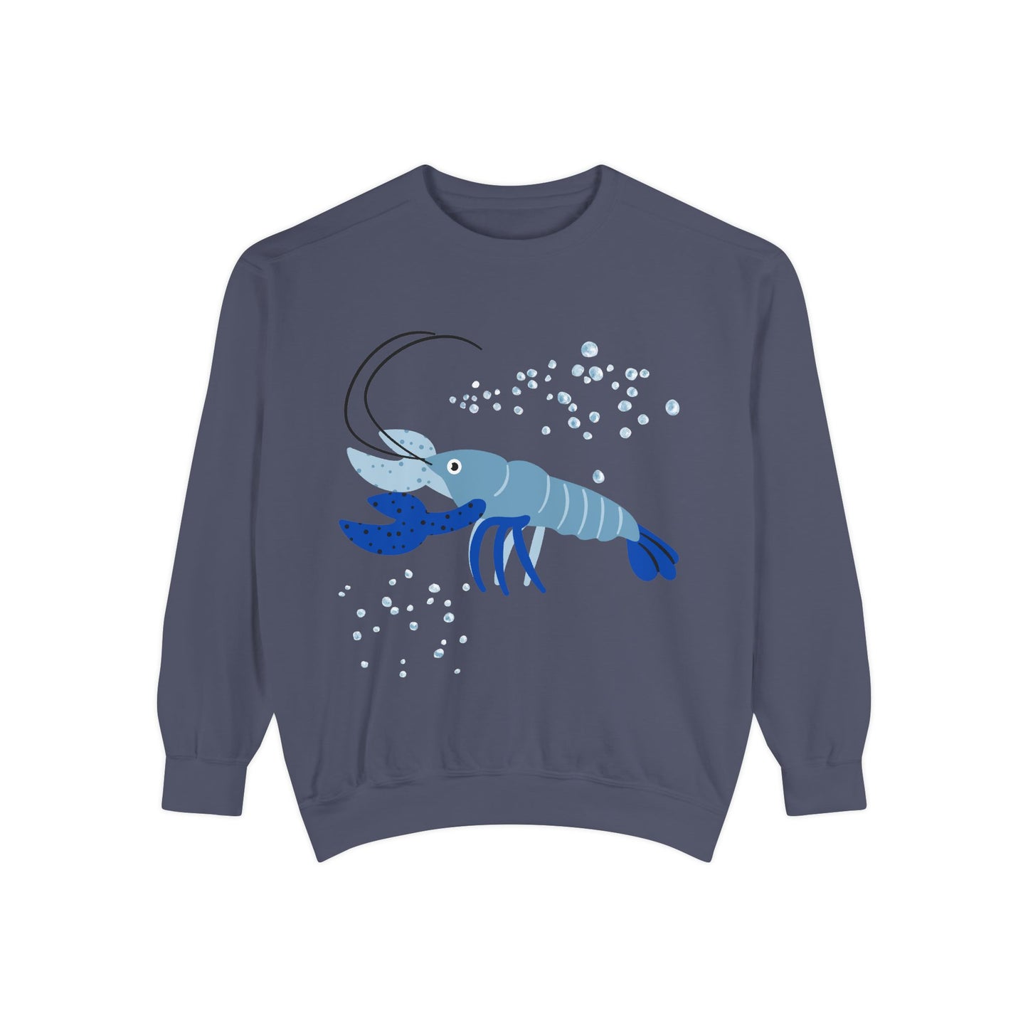 Blue shrimp with dark blue claws and bubbles Unisex Garment-Dyed Sweatshirt
