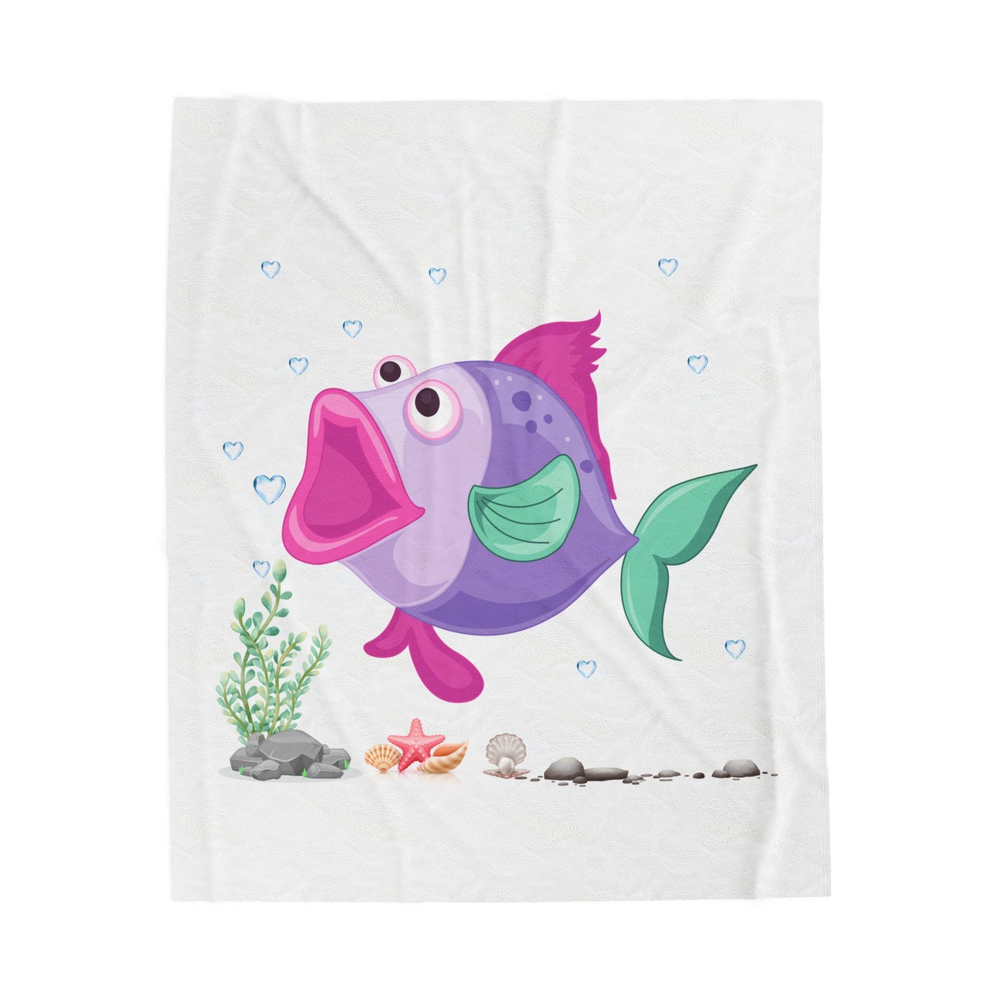 Fish with open mouth bubbles and underwater flora Velveteen Plush Blanket