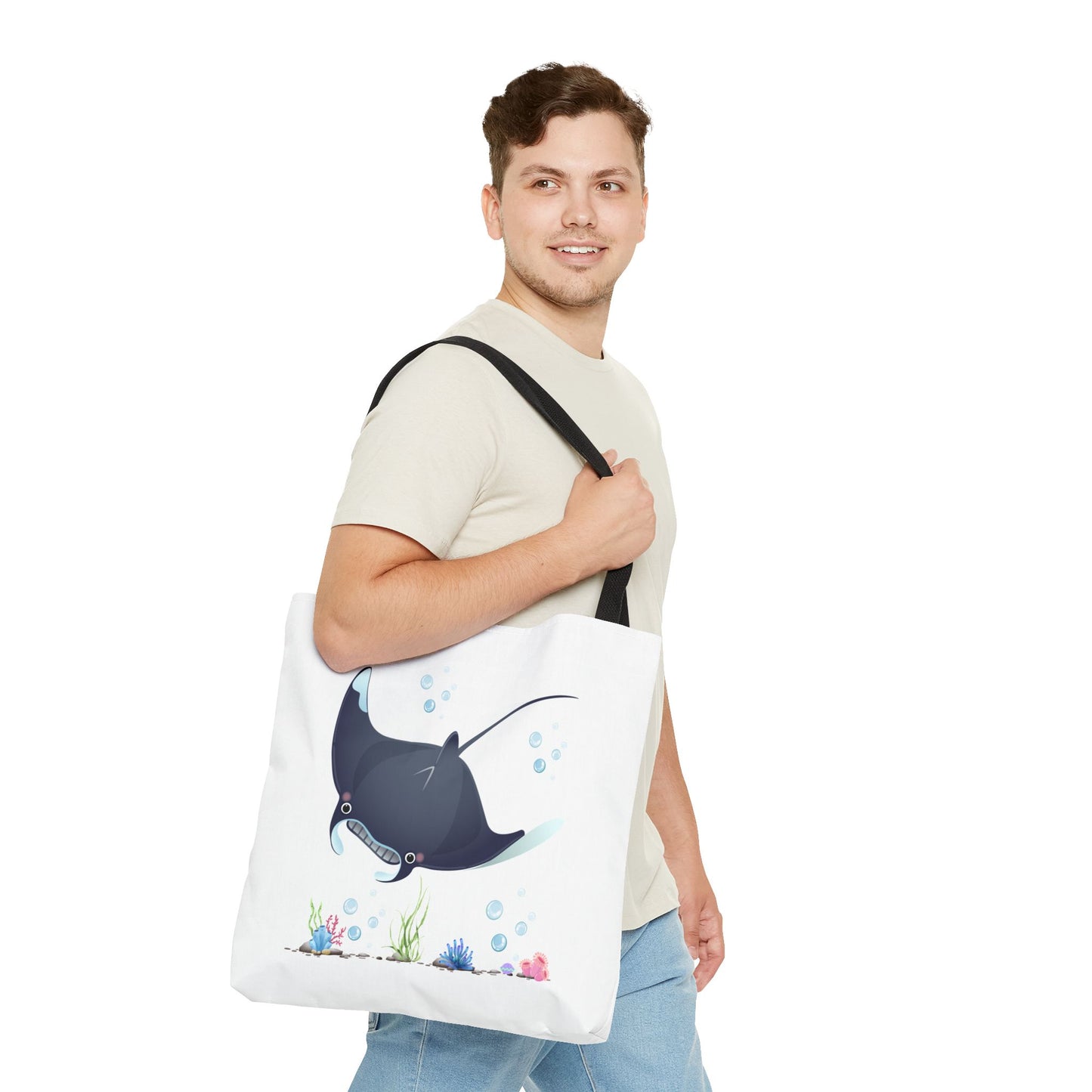 Manta ray with bubbles and coral reef Tote Bag