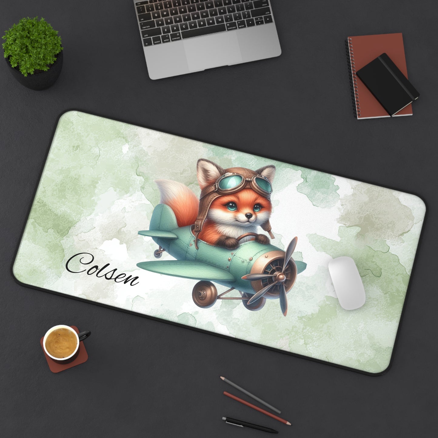 Cute Fox Pilot Desk Mat, Personalized Desk Accessories, Kids Room Decor, Office Supplies, Animal Lover Gift