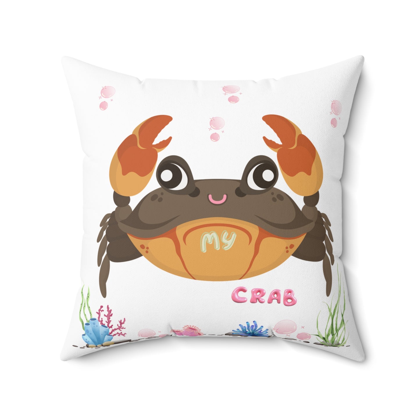Crab with subtle bubbles and underwater flora Spun Polyester Square Pillow