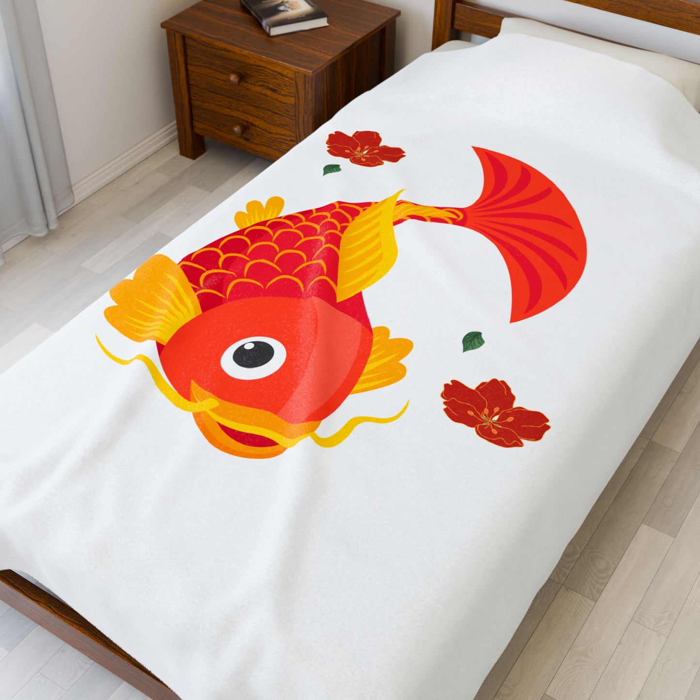 Goldfish with flowing fins and red blossoms Velveteen Plush Blanket