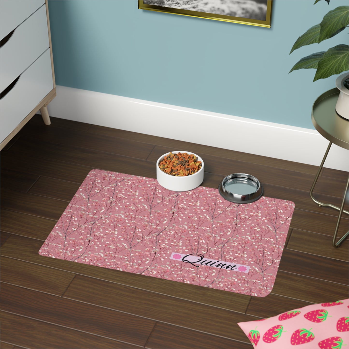 Personalized Floral Pet Food Mat — Pink Cherry Blossom Feeding Placemat (12x18)