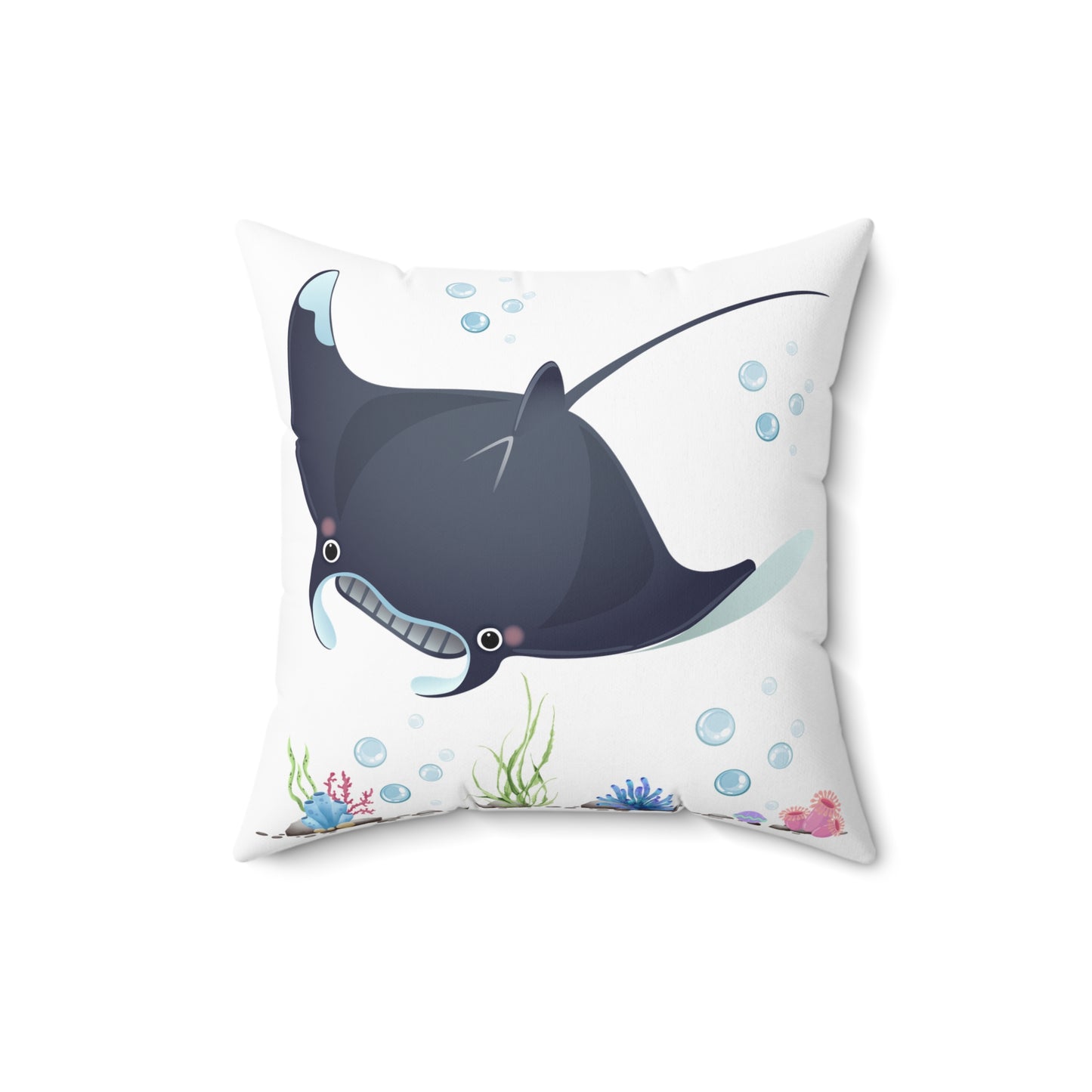 Manta ray with bubbles and coral reef Spun Polyester Square Pillow
