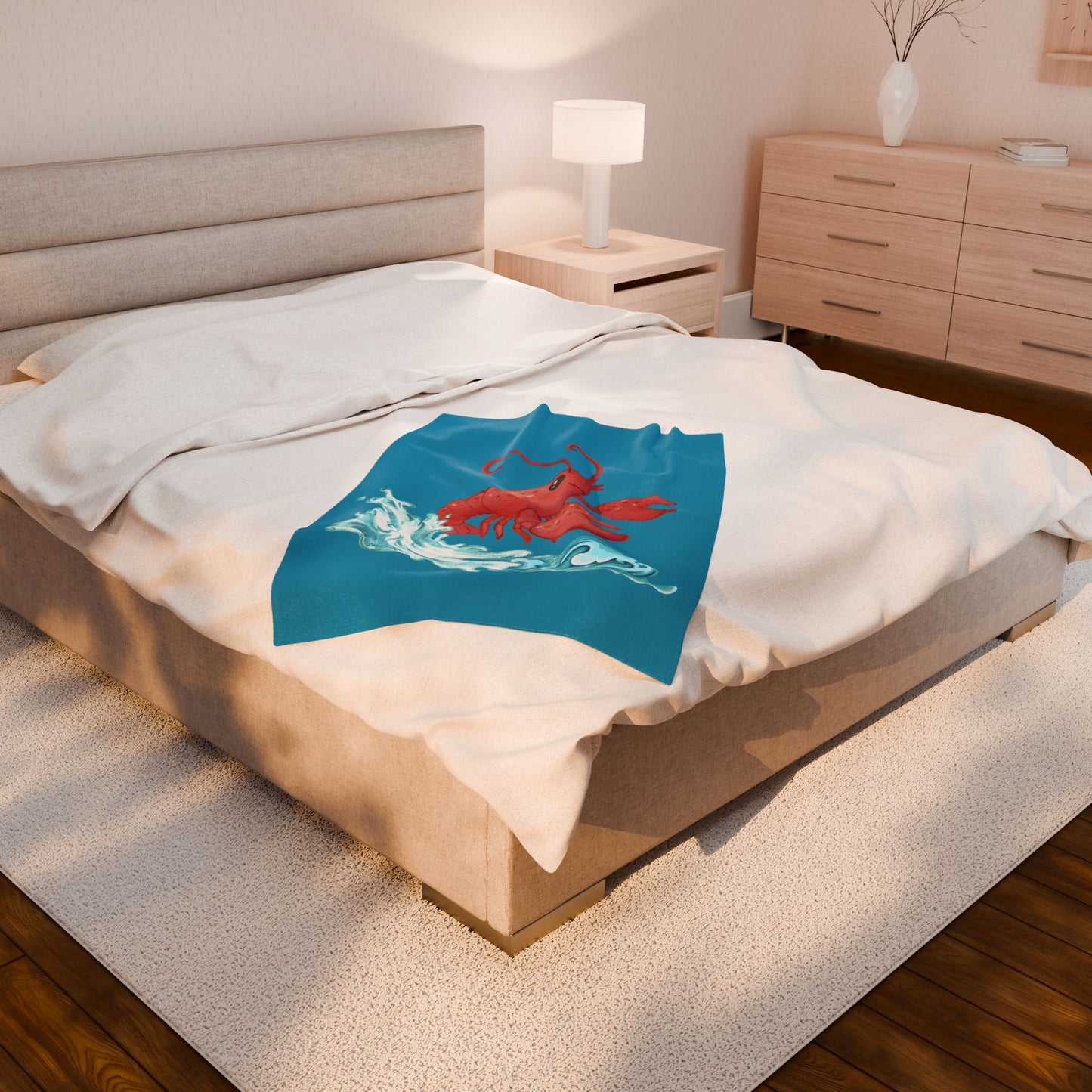 Cheerful red lobster emerging from stylized blue waves Velveteen Plush Blanket