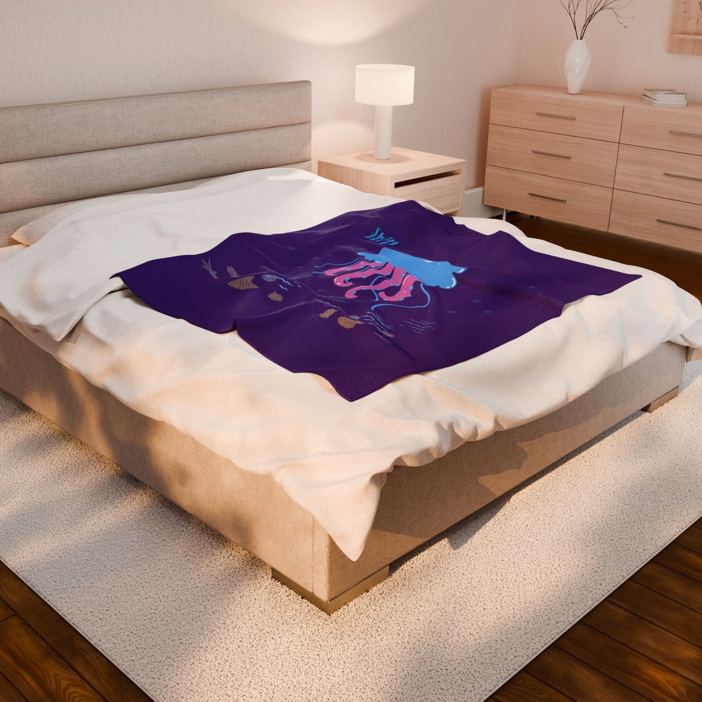 Blue jellyfish with pink tentacles Velveteen Plush Blanket
