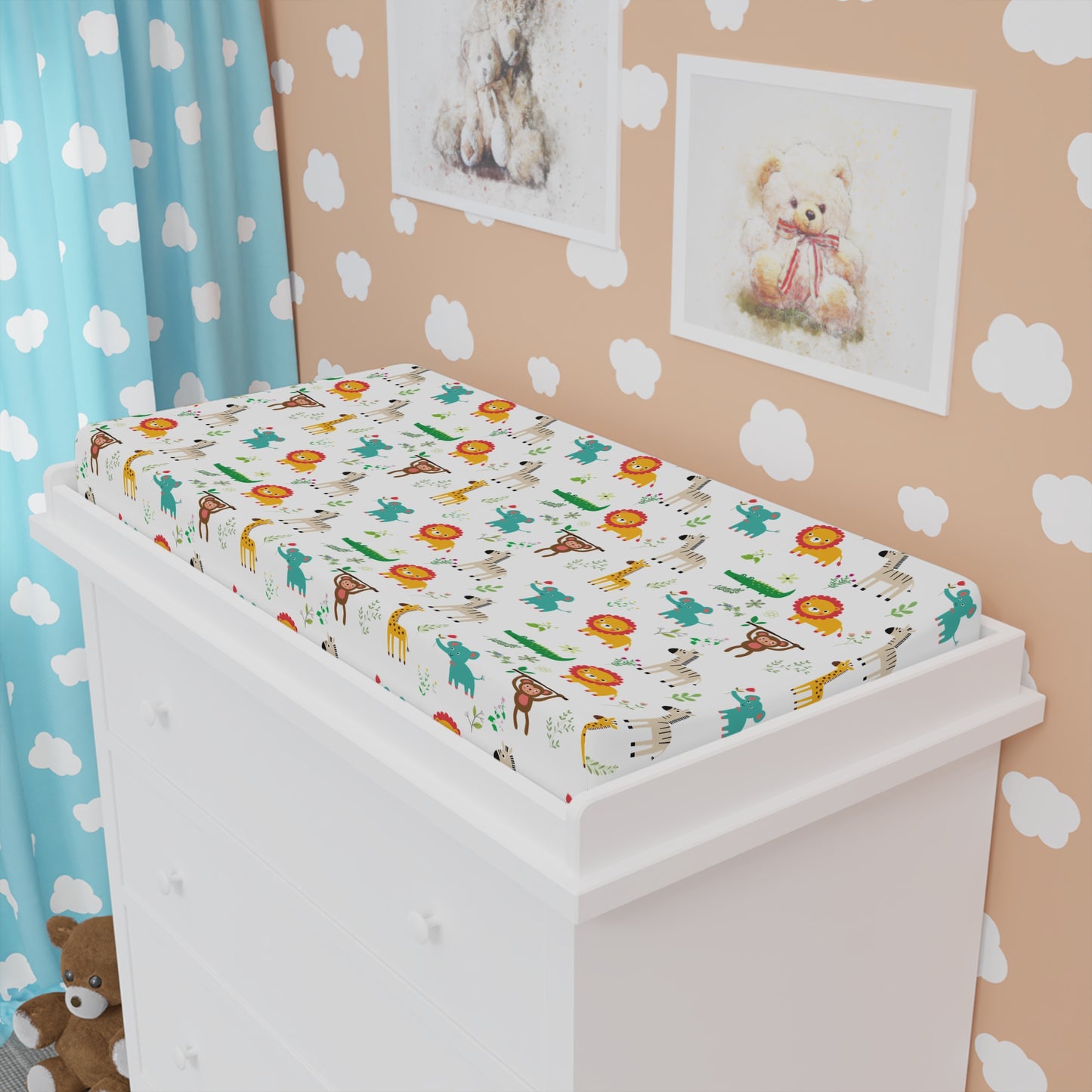 Safari Animal Baby Changing Pad Cover — Cute Lion, Giraffe & Elephant Nursery Sheet