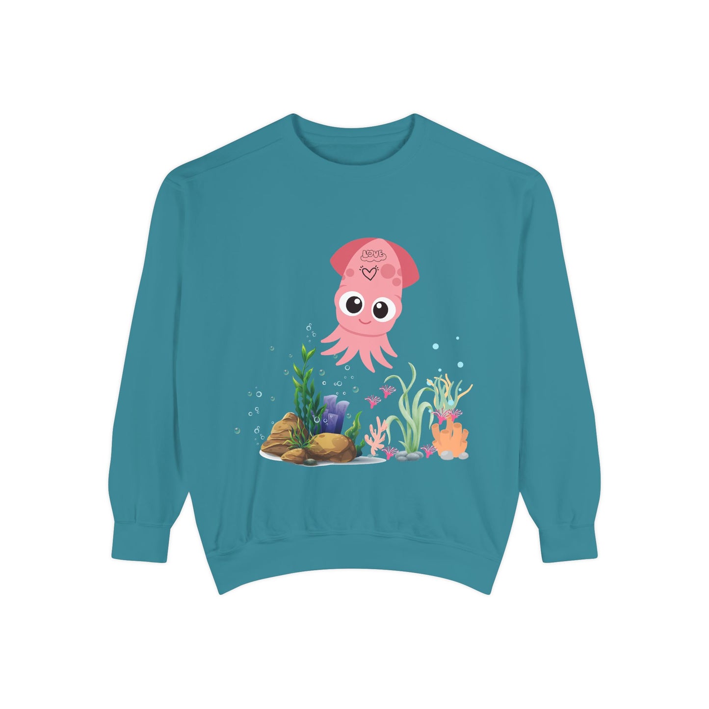 Pink squid cartoon with love Unisex Garment-Dyed Sweatshirt