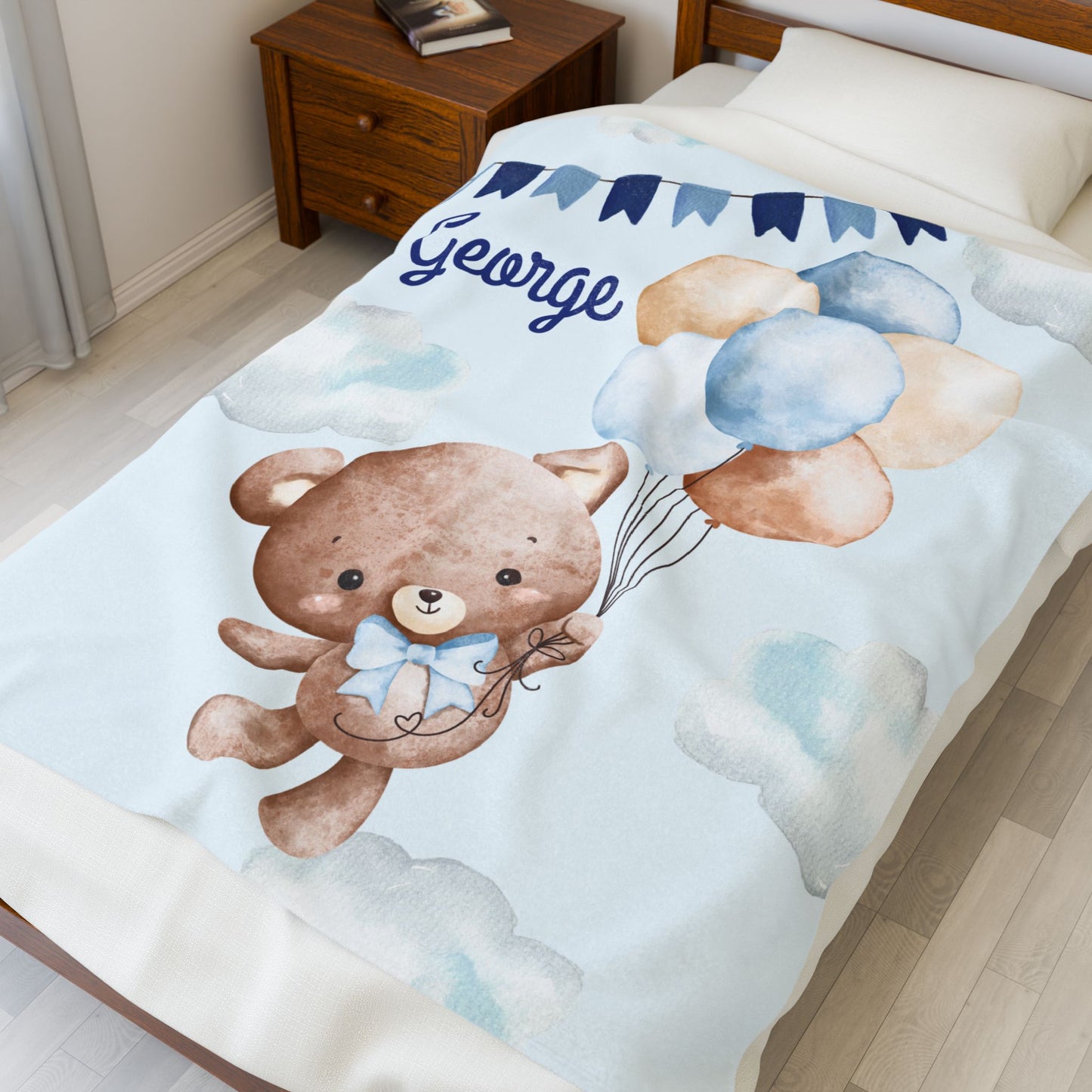 Personalized Velveteen Plush Blanket with Teddy Bear Design, Cozy Baby Gift, Nursery Decor, Baby Shower Blanket, Soft Baby Blanket