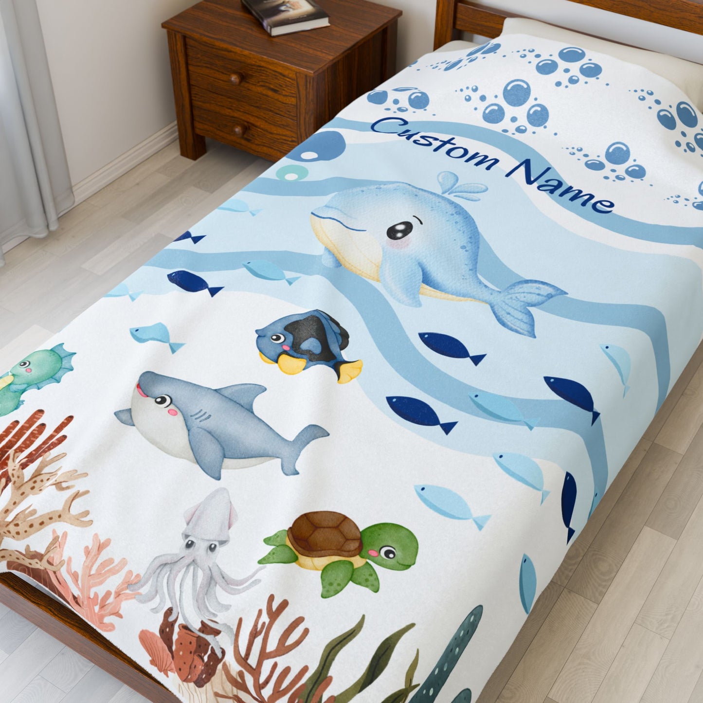 Custom Whale Theme Velveteen Blanket for Kids, Cozy Throw, Personalized Gift, Nursery Decor, Ocean Lovers, Baby Shower