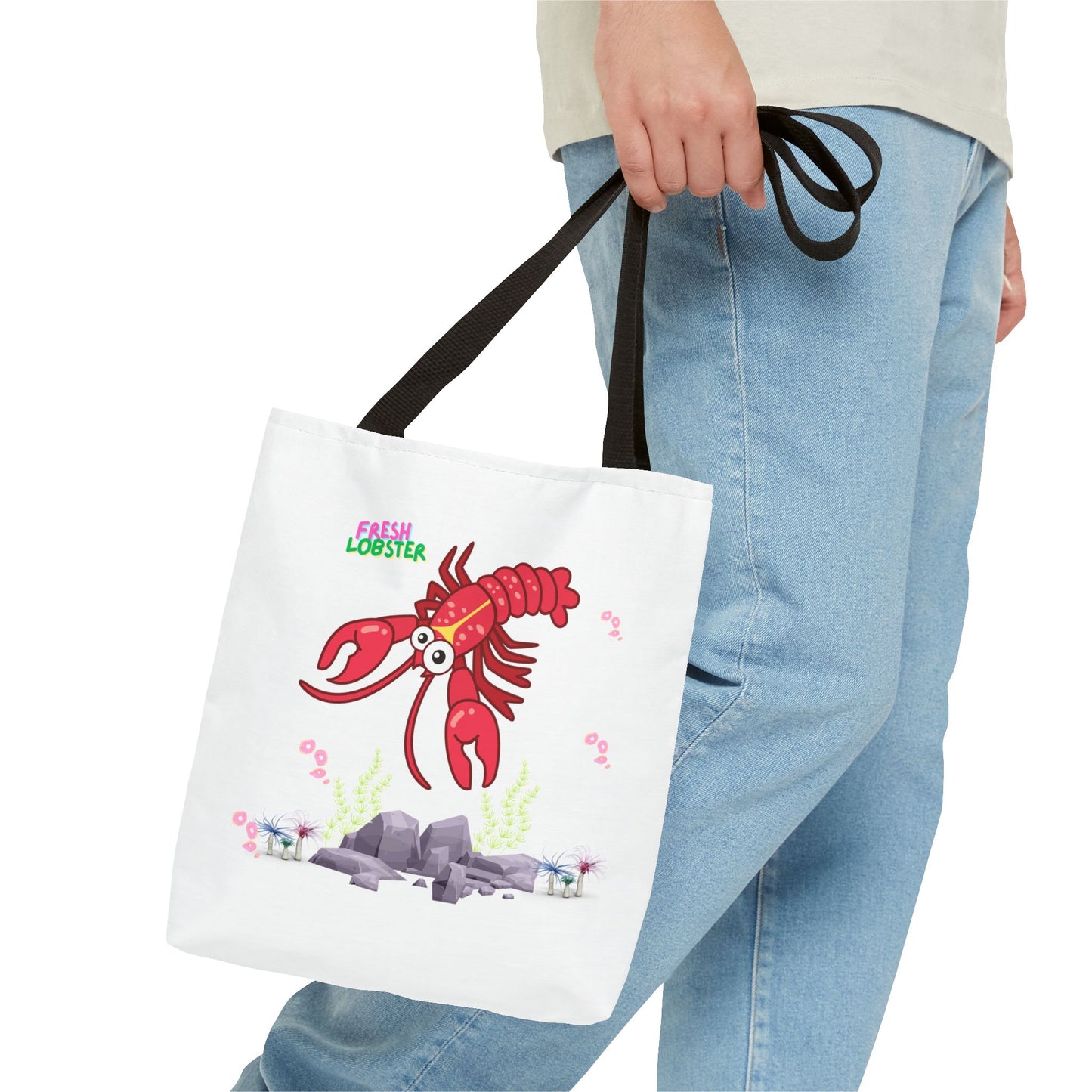 Friendly red lobster big eyes and yellow strip Tote Bag