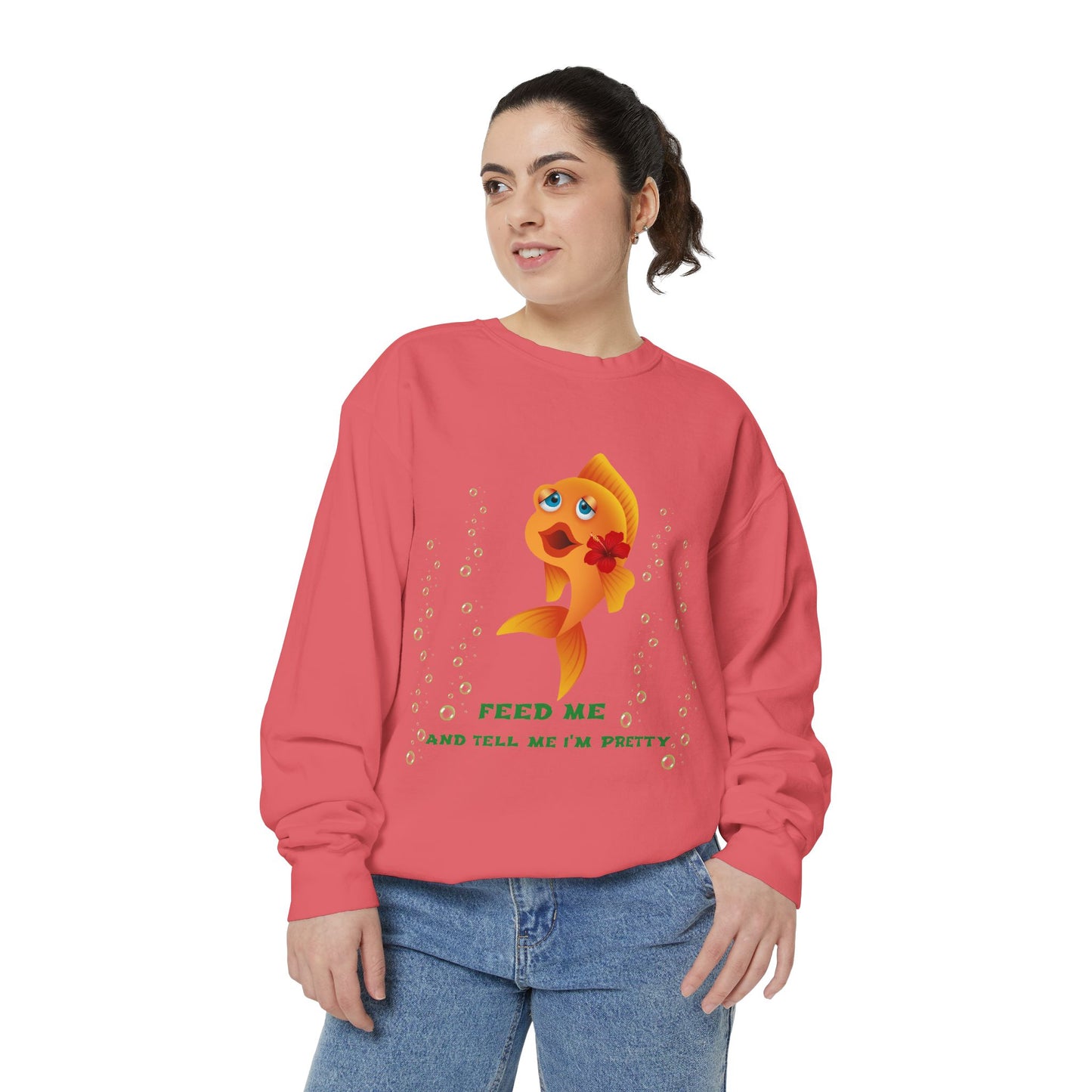 Cartoon goldfish with red lips and flower Unisex Garment-Dyed Sweatshirt