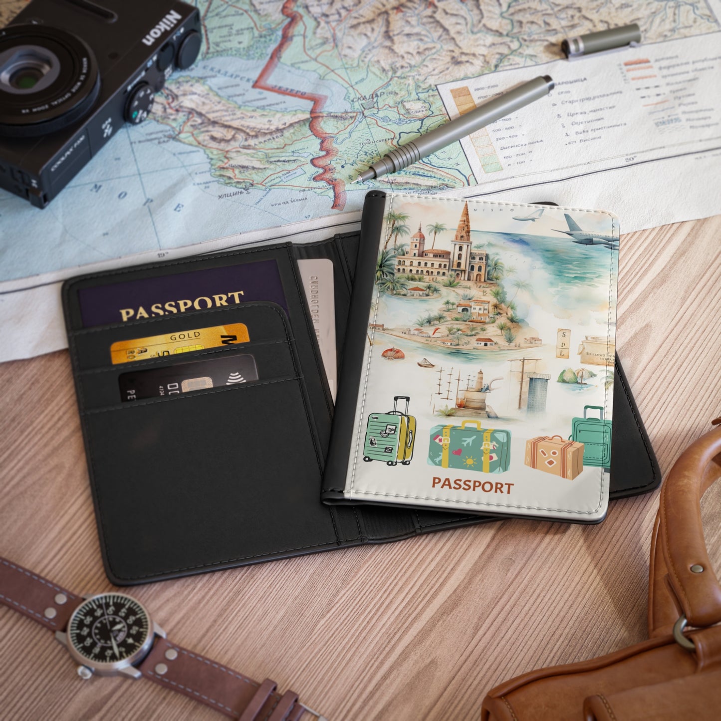 Travel Map Passport Cover — Vintage Luggage & Island Illustration
