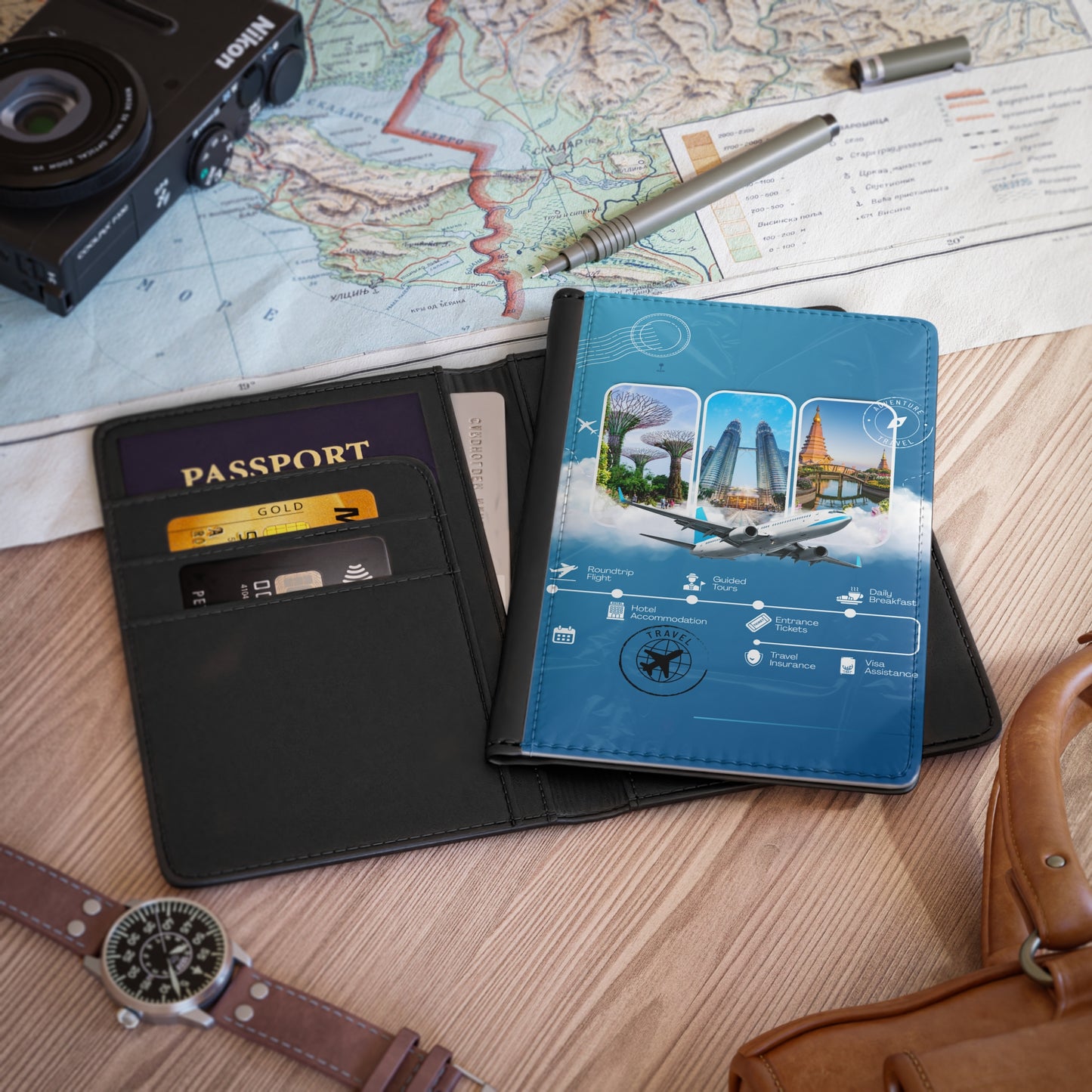 Passport Cover - Blue Travel Collage Passport Holder with Airplane & Icons