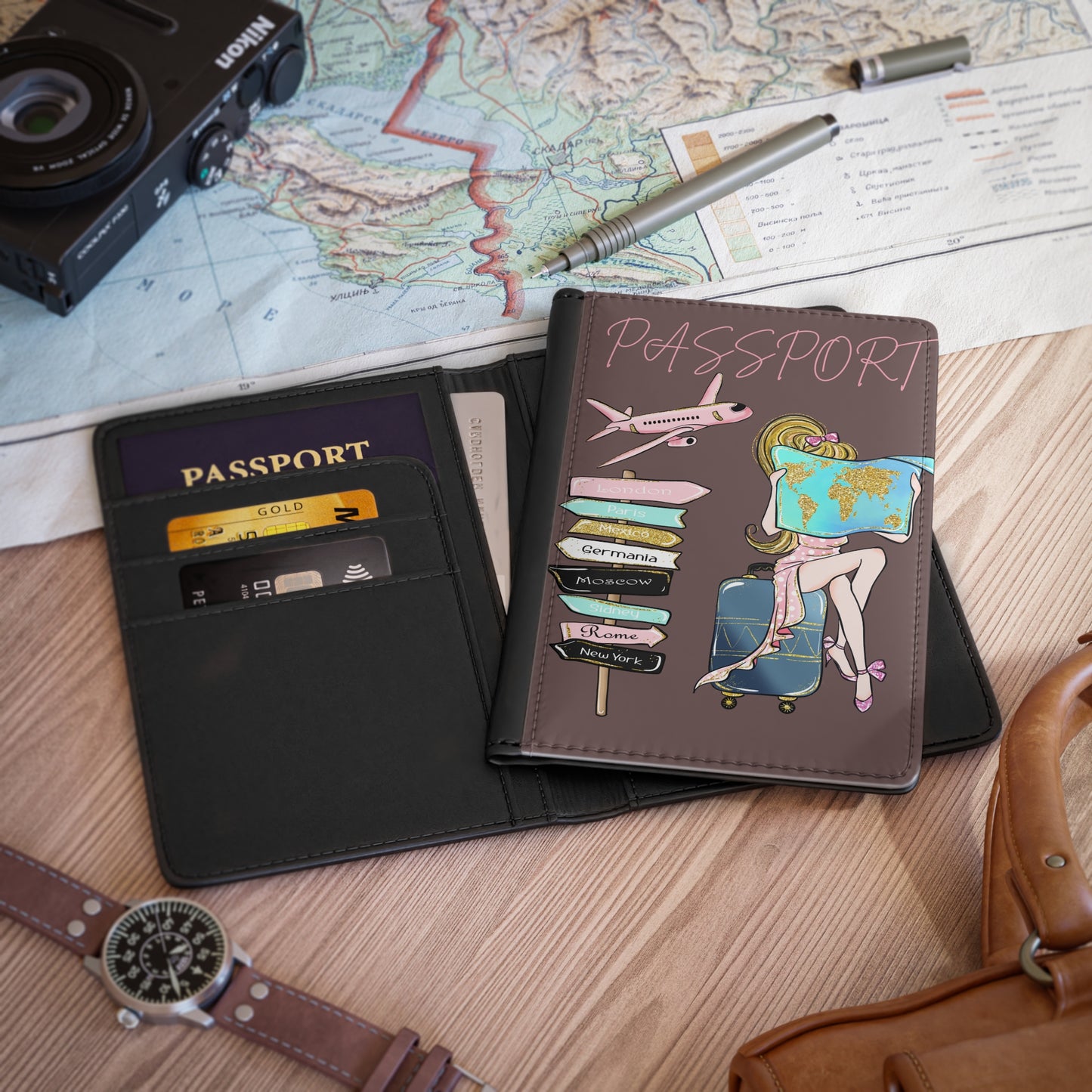 Passport Cover - Cute Girl Travel Design with Map, Luggage & Direction Sign (Travel Lover Gift)