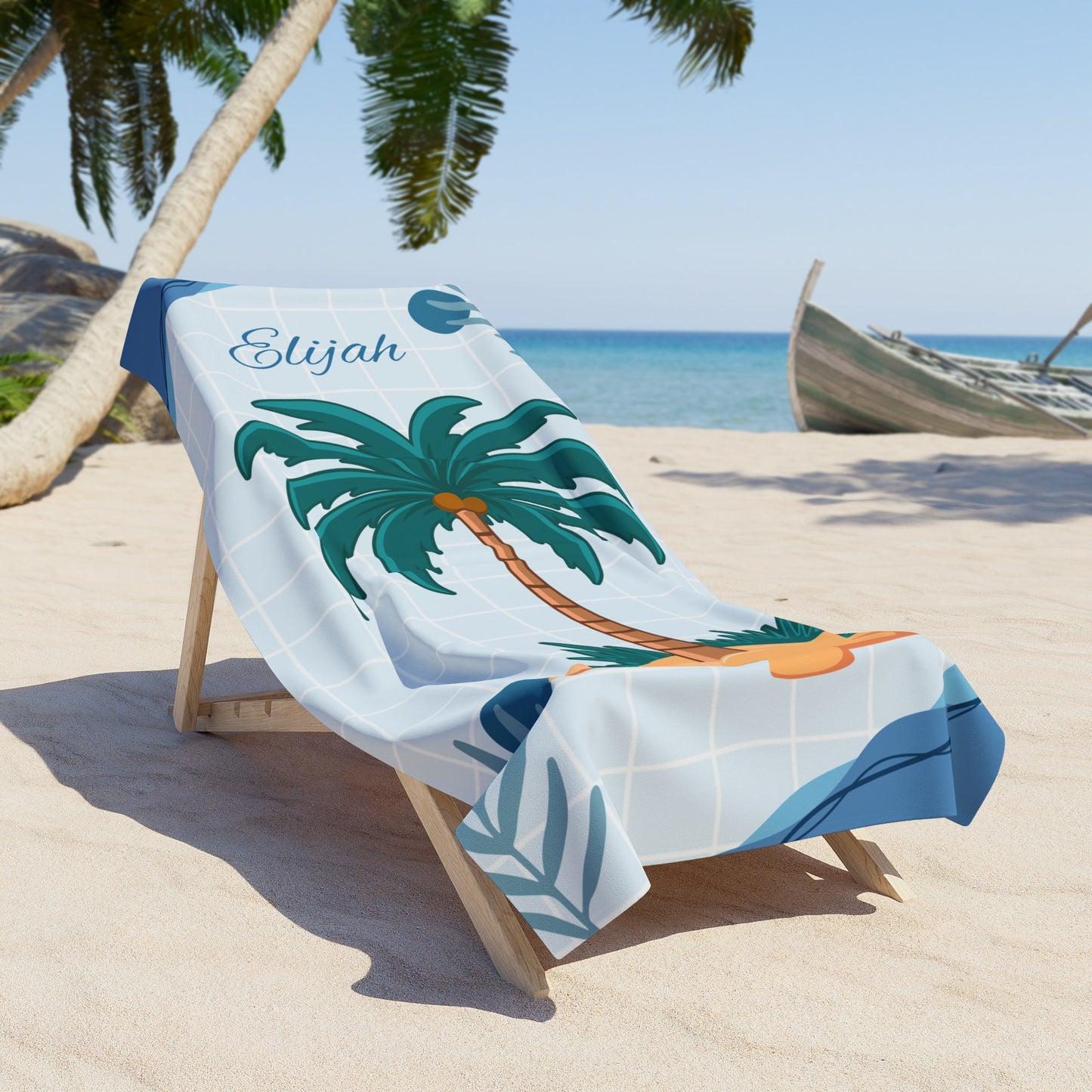Personalized Palm Tree Beach Towel — Tropical Monogram Coastal Towel