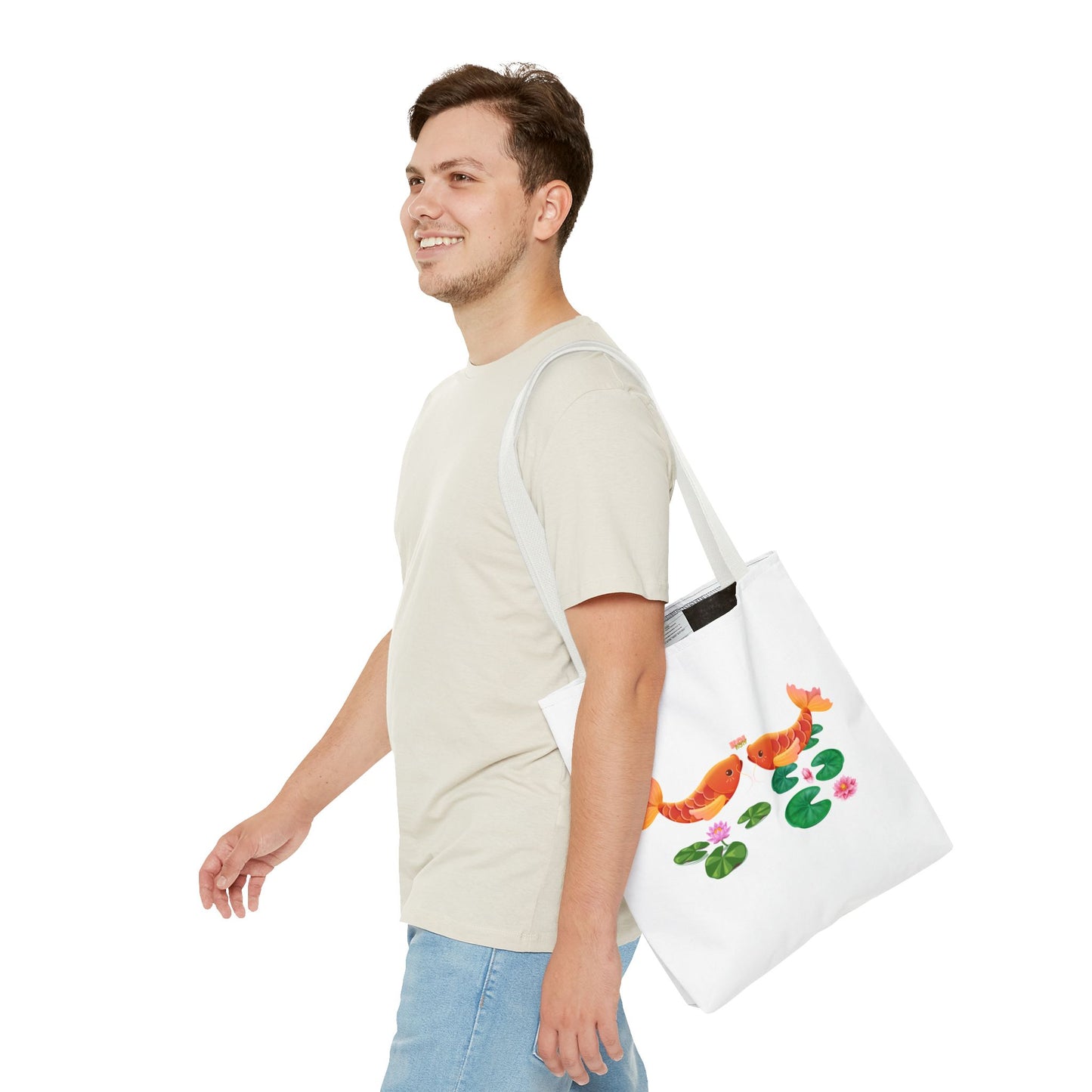 Golden koi fish with lotus flowers Tote Bag