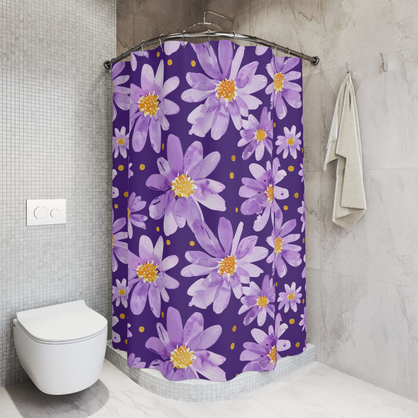 Purple Daisy Floral Shower Curtain — Vibrant Lavender Flowers on Deep Plum Background