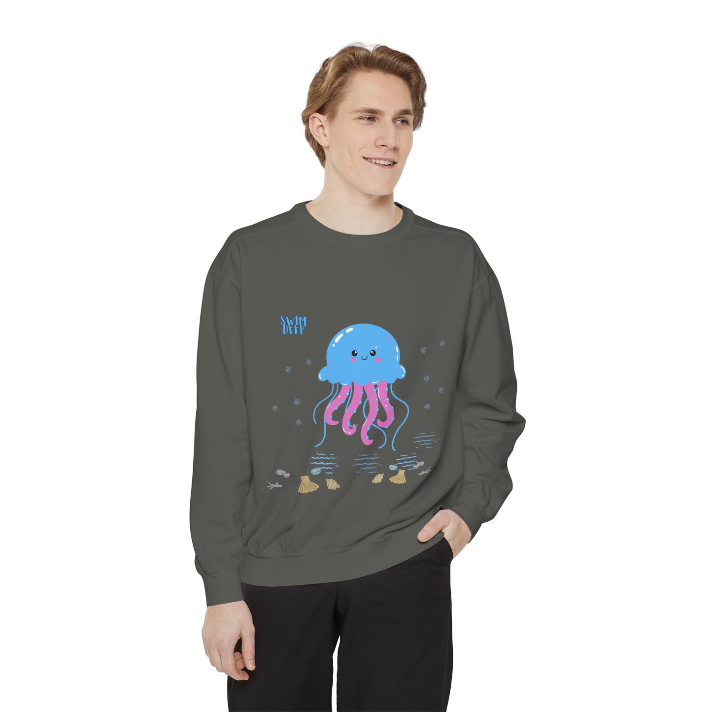 Blue jellyfish with pink tentacles Unisex Garment-Dyed Sweatshirt