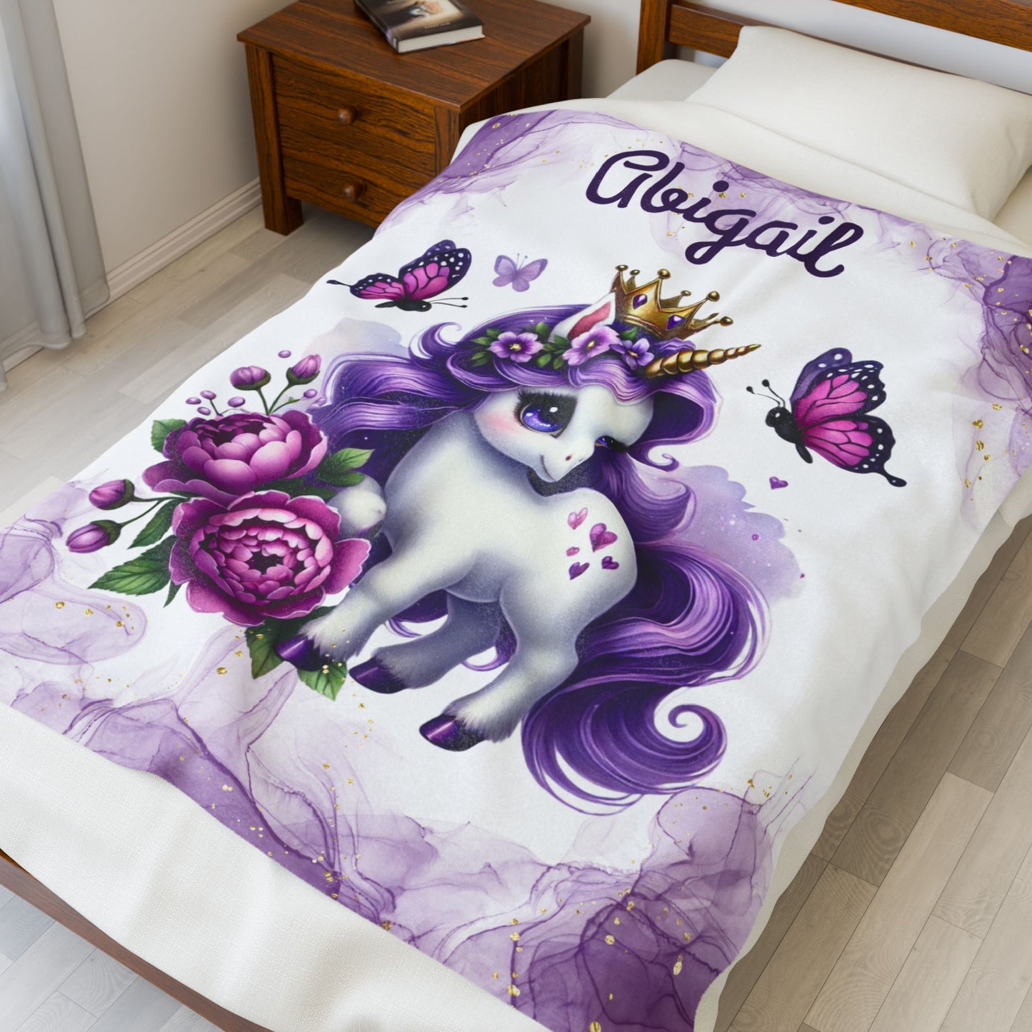 Personalized Unicorn Velveteen Plush Blanket, Cozy Kids Blanket, Birthday Gift, Nursery Decor, Soft Throw Blanket