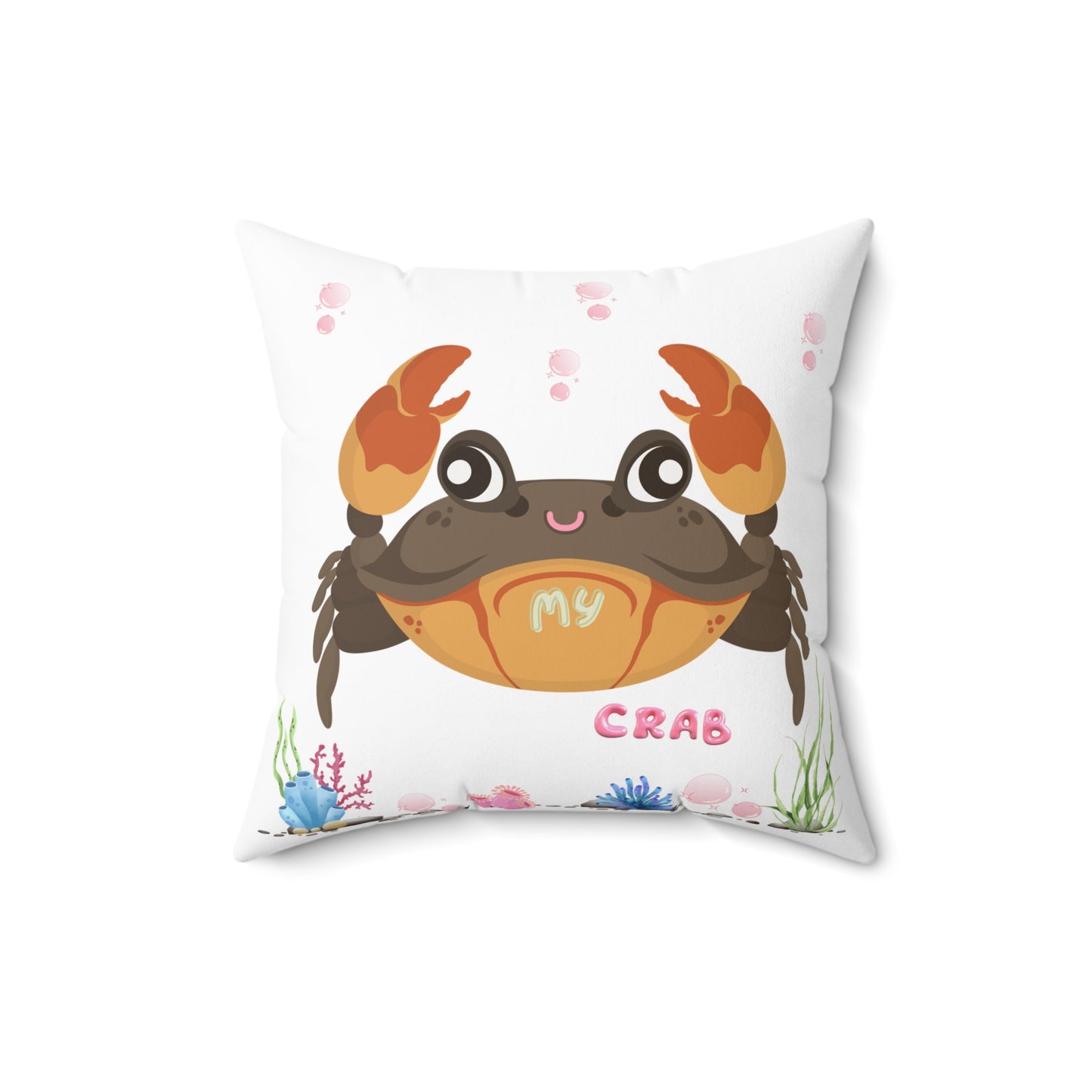 Crab with subtle bubbles and underwater flora Spun Polyester Square Pillow