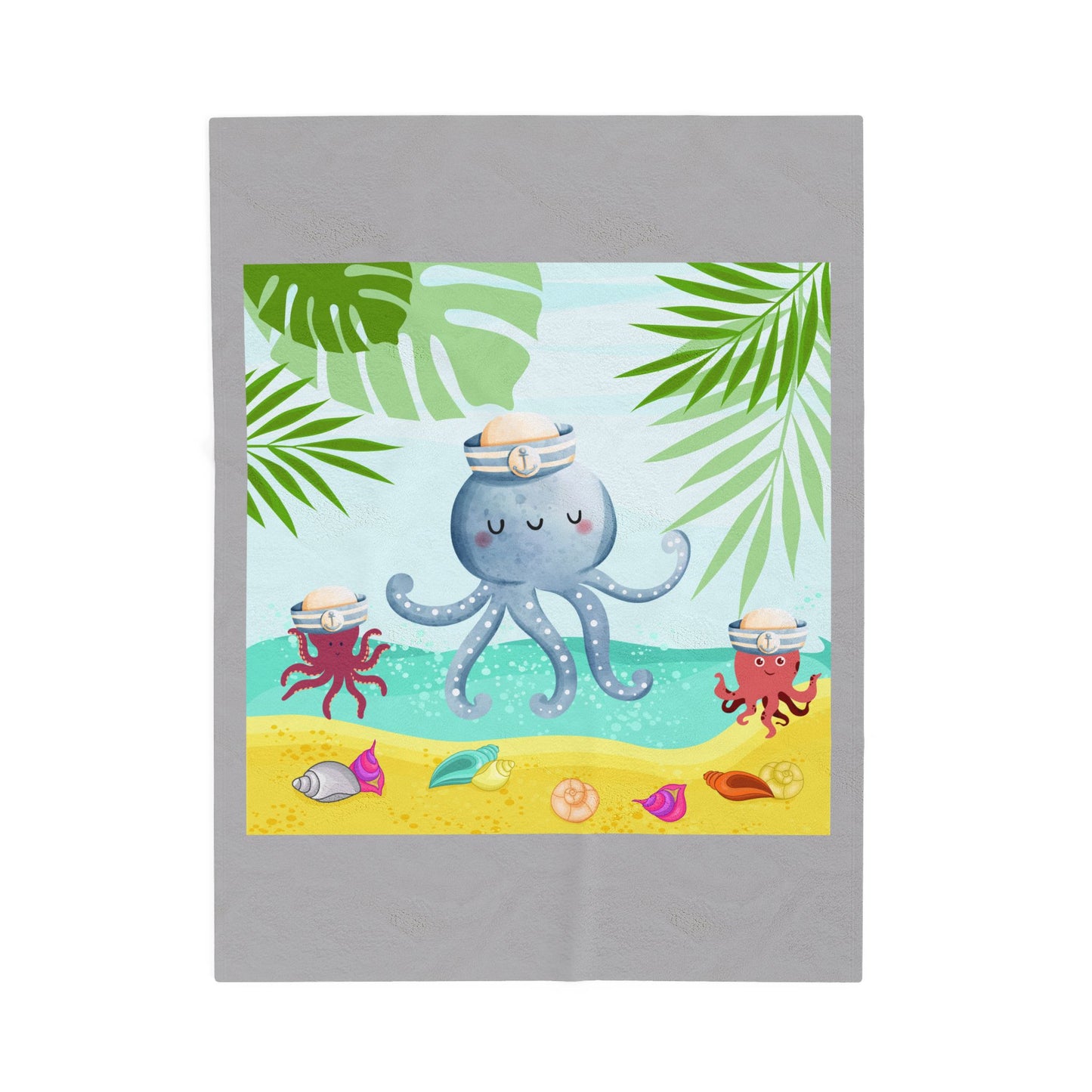 Octopus on a beach scene with tropical Velveteen Plush Blanket