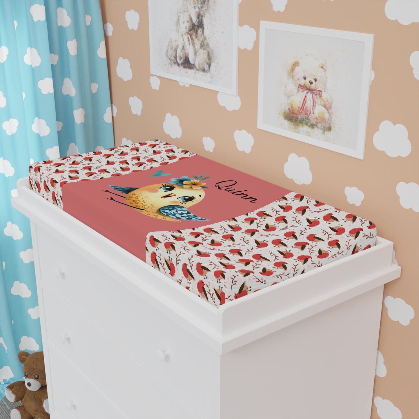Baby Changing Pad Cover — Personalized Cute Bird Floral Design (Custom Name)