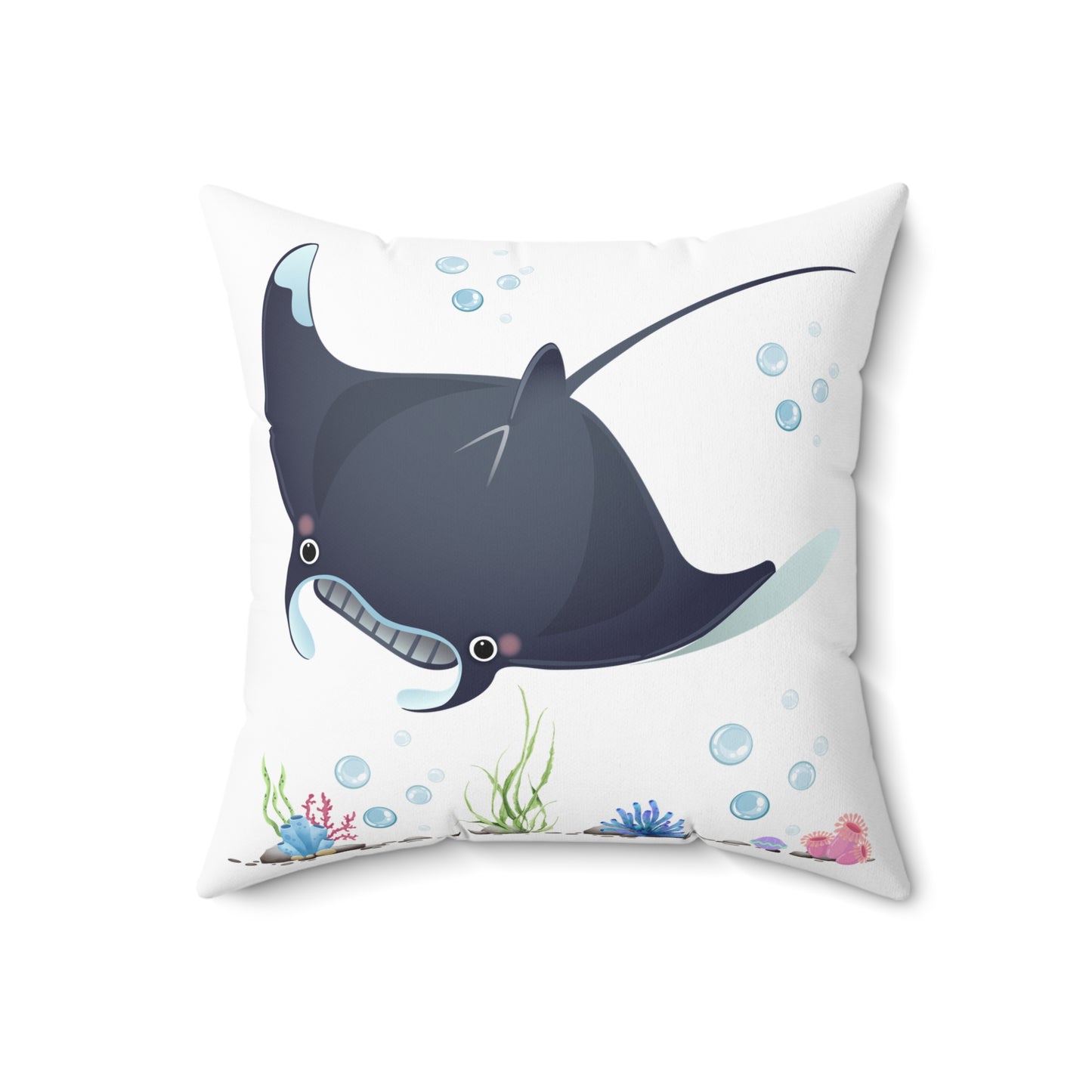 Manta ray with bubbles and coral reef Spun Polyester Square Pillow