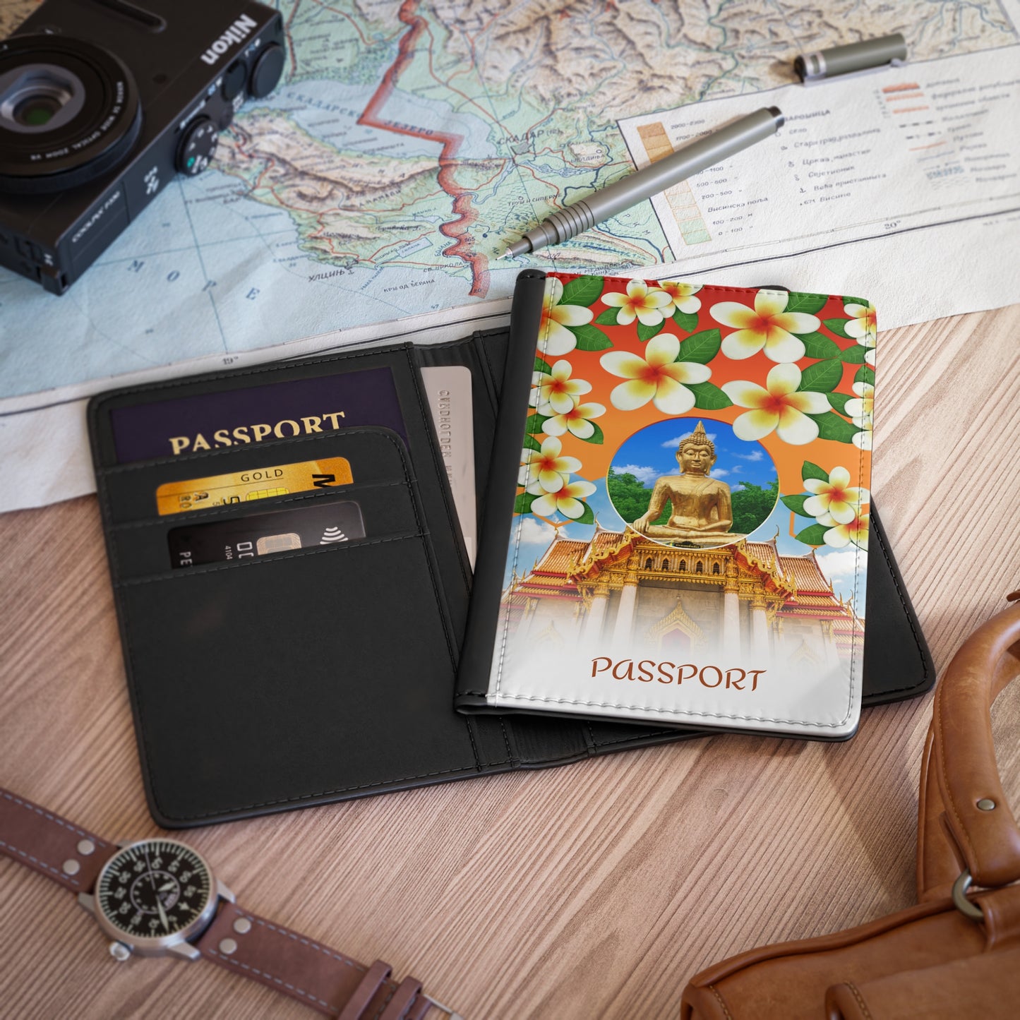 Thai Temple Buddha Passport Cover — Floral Plumeria Travel Passport Holder