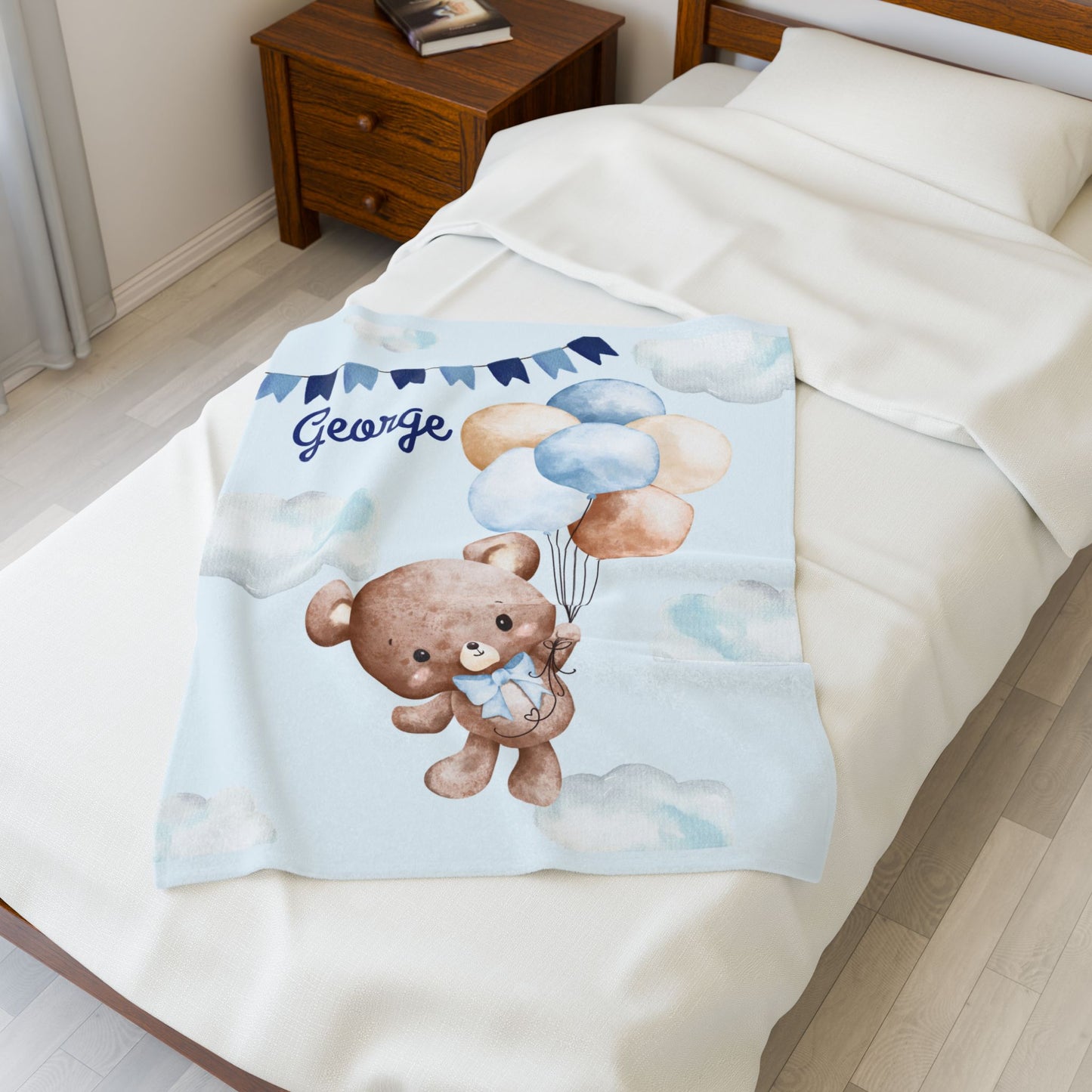Personalized Velveteen Plush Blanket with Teddy Bear Design, Cozy Baby Gift, Nursery Decor, Baby Shower Blanket, Soft Baby Blanket