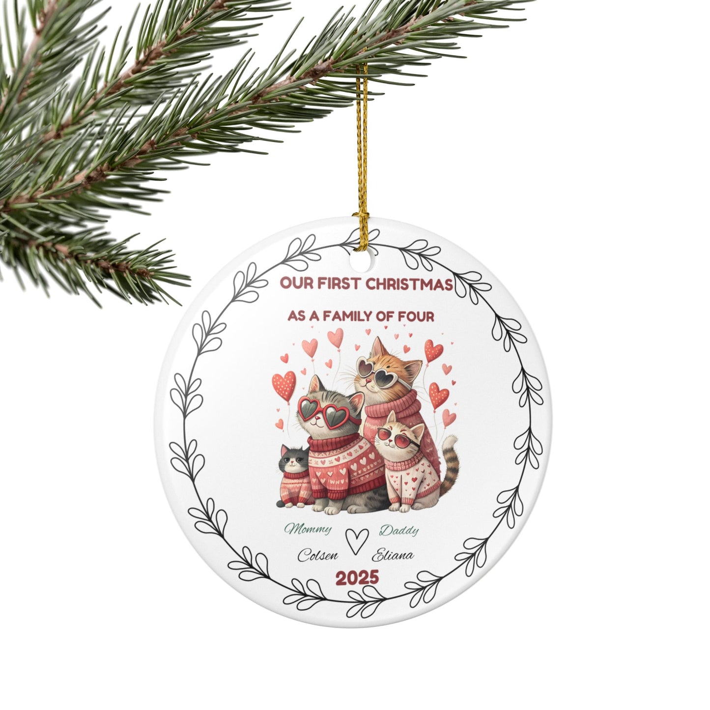Cute Cat Family Christmas Ornament, Personalized Holiday Decoration, Family of Four Keepsake, Pet Lover Gift, Christmas Tree Decor