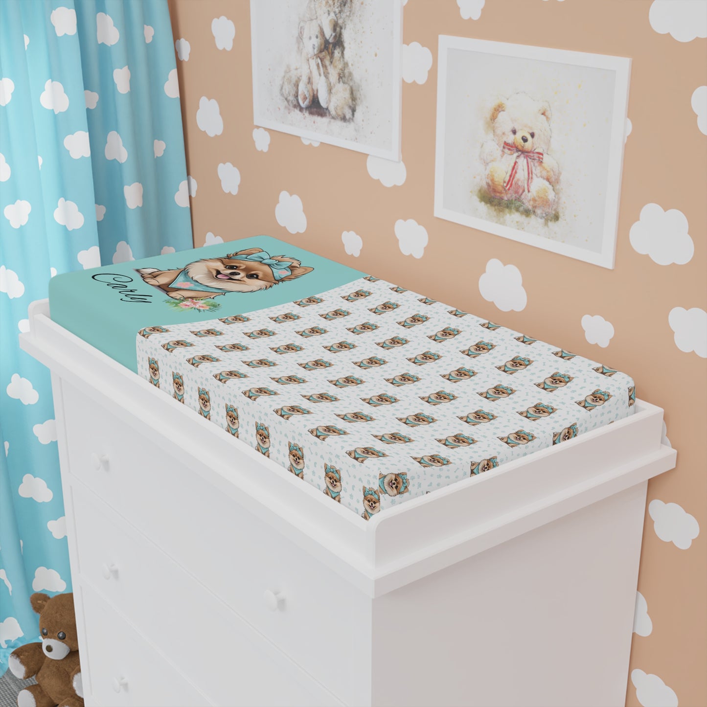 Baby Changing Pad Cover — Cute Cartoon Puppy Pattern with Personalized Name (Aqua)
