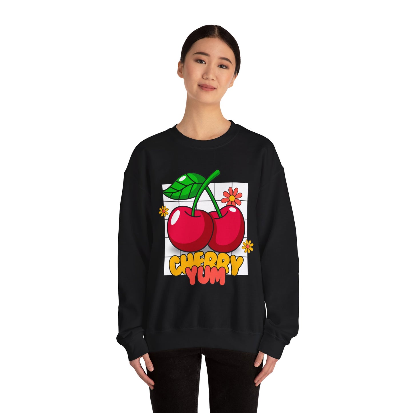 Cherry Yum Graphic Crewneck Sweatshirt | Cozy Unisex Sweater for Casual Wear, Gifts, Summer Vibes, Trendy Fashion, Foodie Apparel
