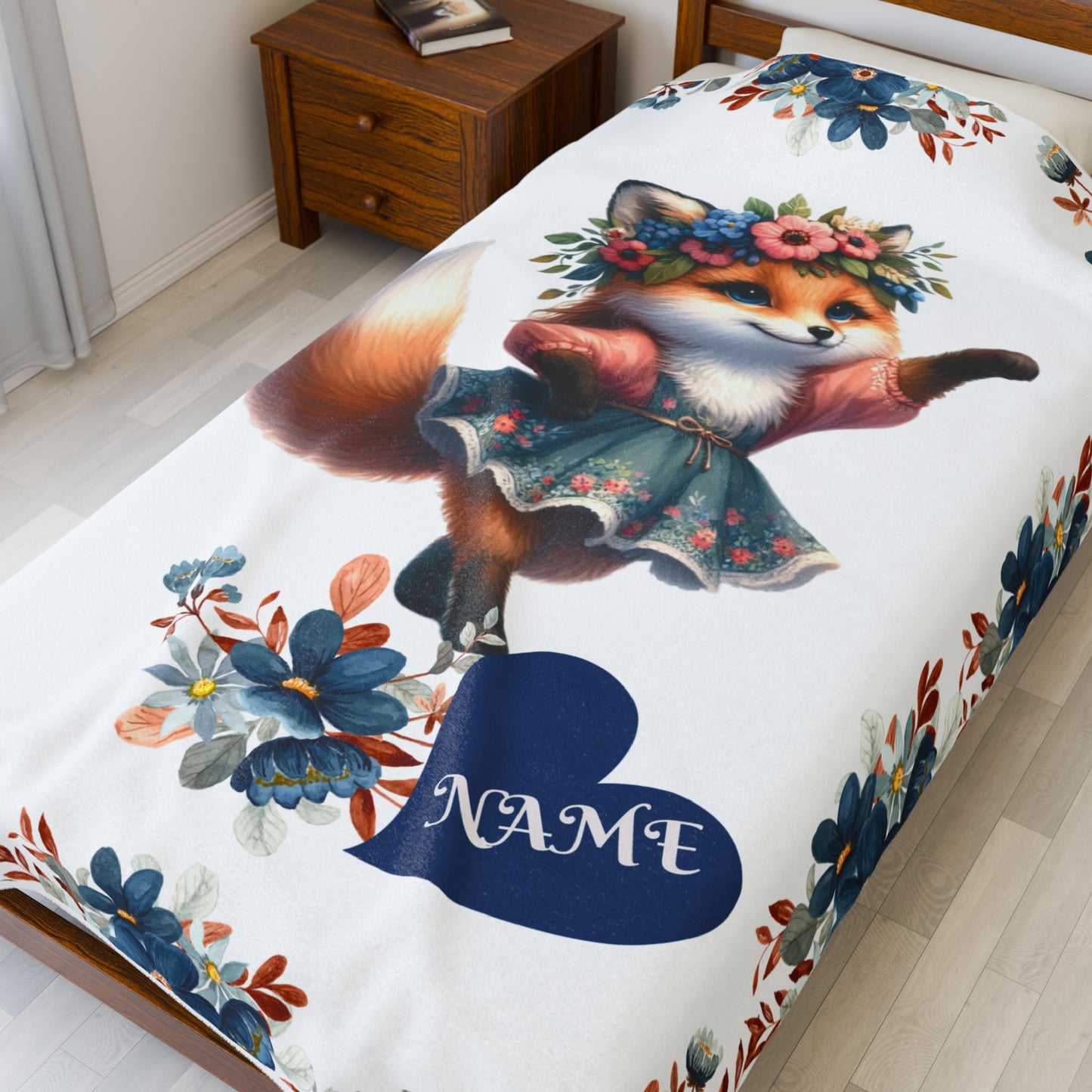 Floral Fox Plush Blanket, Custom Velveteen Blanket, Cozy Throw for Kids, Nursery Decor, Perfect Gift for Birthdays, Baby Showers
