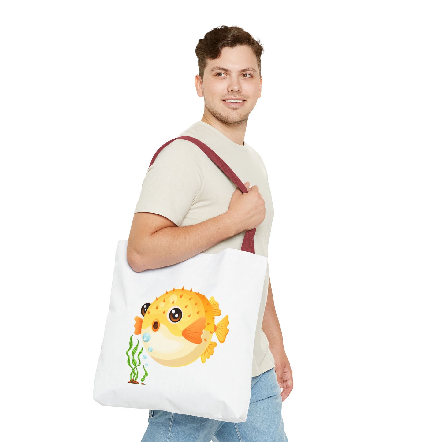 Cartoon Pufferfish with seaweed Tote Bag