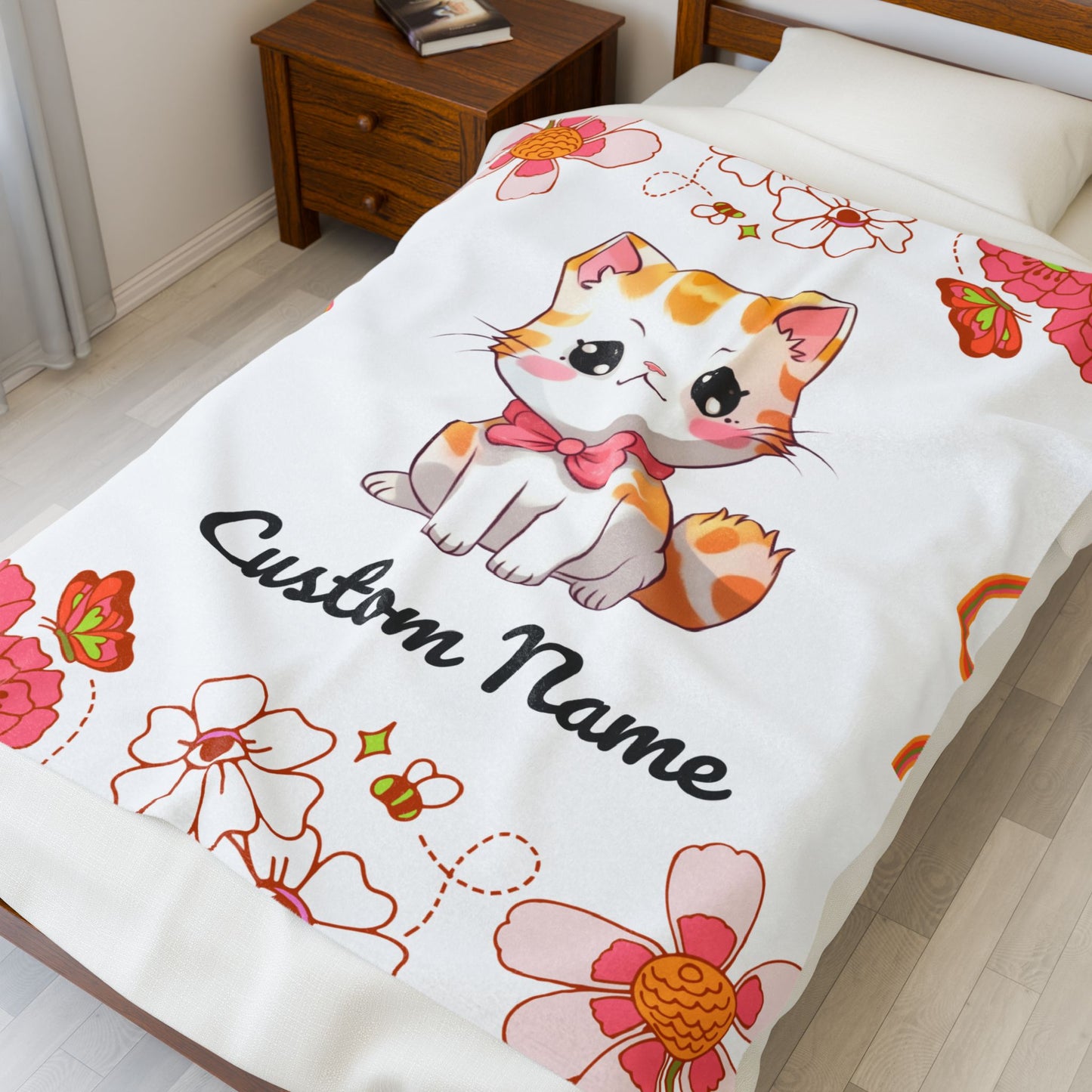 Custom Cat Plush Blanket, Personalized Velveteen Blanket for Kids, Cozy Cat Themed Gift, Baby Shower Blanket, Floral Comfort Throw