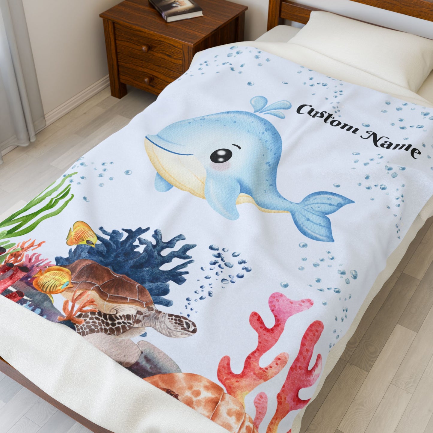 Custom Whale Velveteen Plush Blanket, Kids Throw Blanket, Nautical Nursery Décor, Personalized Gift, Cozy Home Accessories, Baby Shower Gift