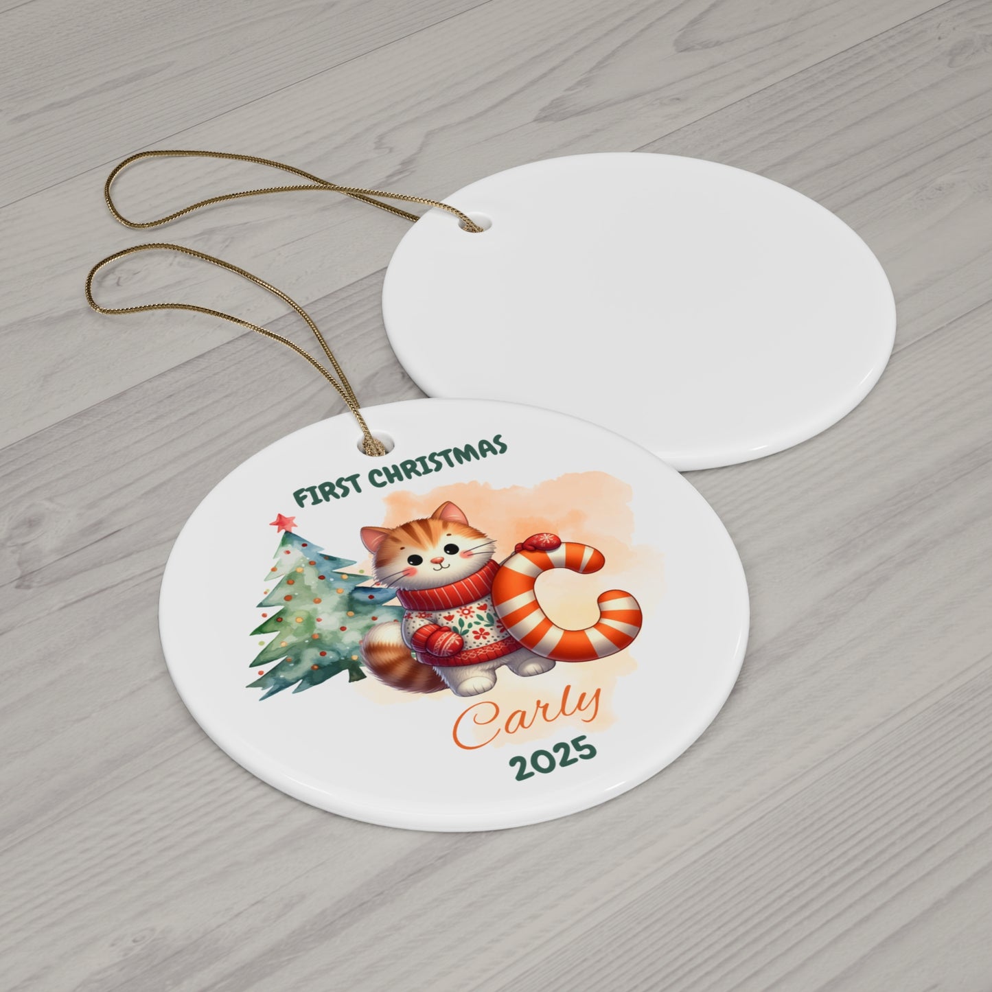 Personalized First Christmas Ornament - Cute Cat Design