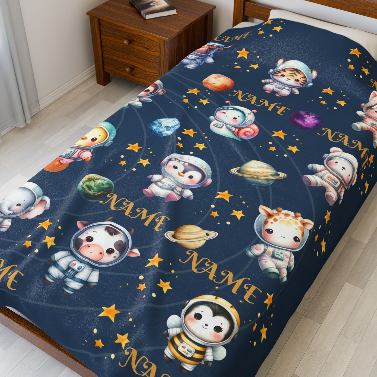 Personalized Space-Themed Velveteen Plush Blanket, Cozy Baby Gift, Celestial Nursery Decor, Custom Name Blanket, Soft Children's Throw