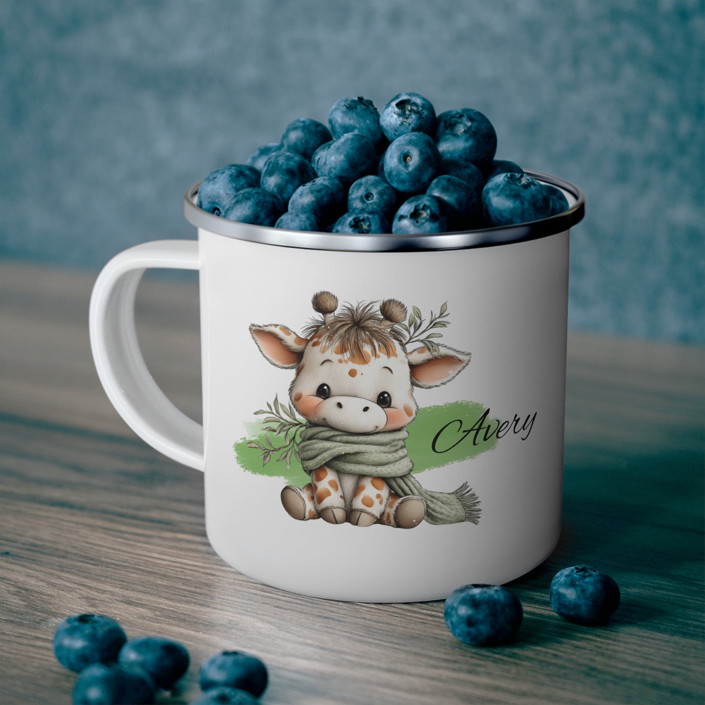 Enamel Mug — Cute Giraffe Camping Mug with Scarf & Custom Name (Avery)