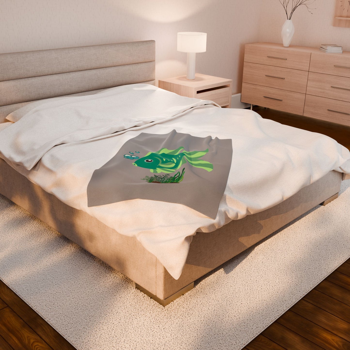 Green fish with bubbles and aquatic plants Velveteen Plush Blanket