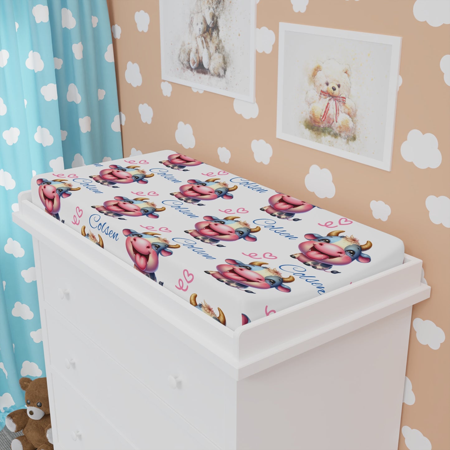 Cow Print Baby Changing Pad Cover — Cute Pink Calf Design with "Calm" Text, Soft Nursery Accessory for Newborns & Baby Showers