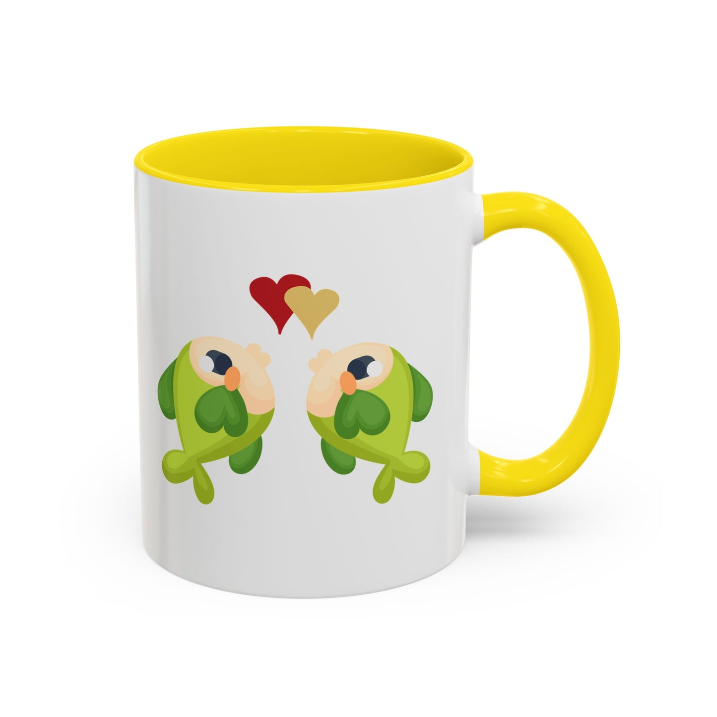 Two hearts float between the fish one red and one yellow. Coffee Mug