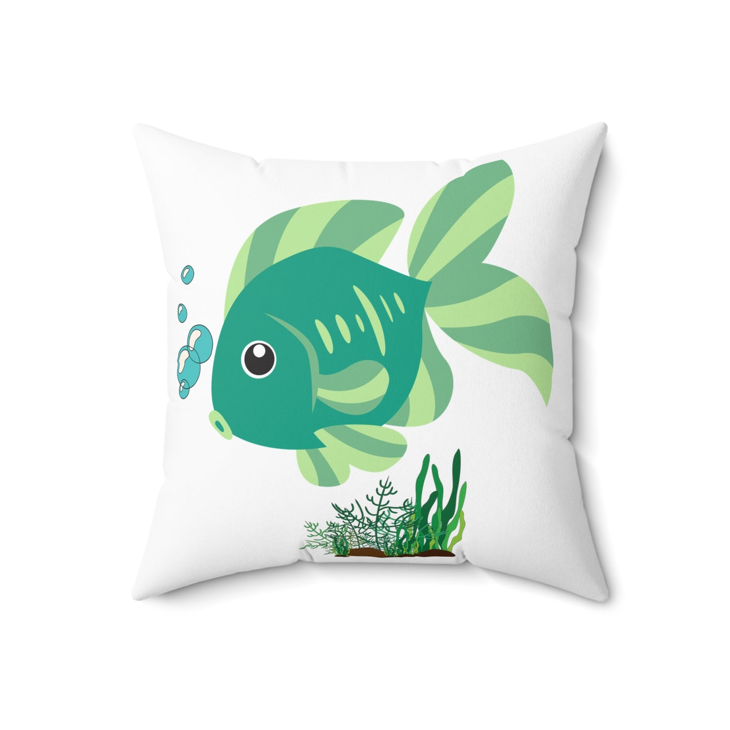 Green fish with bubbles and aquatic plants Spun Polyester Square Pillow