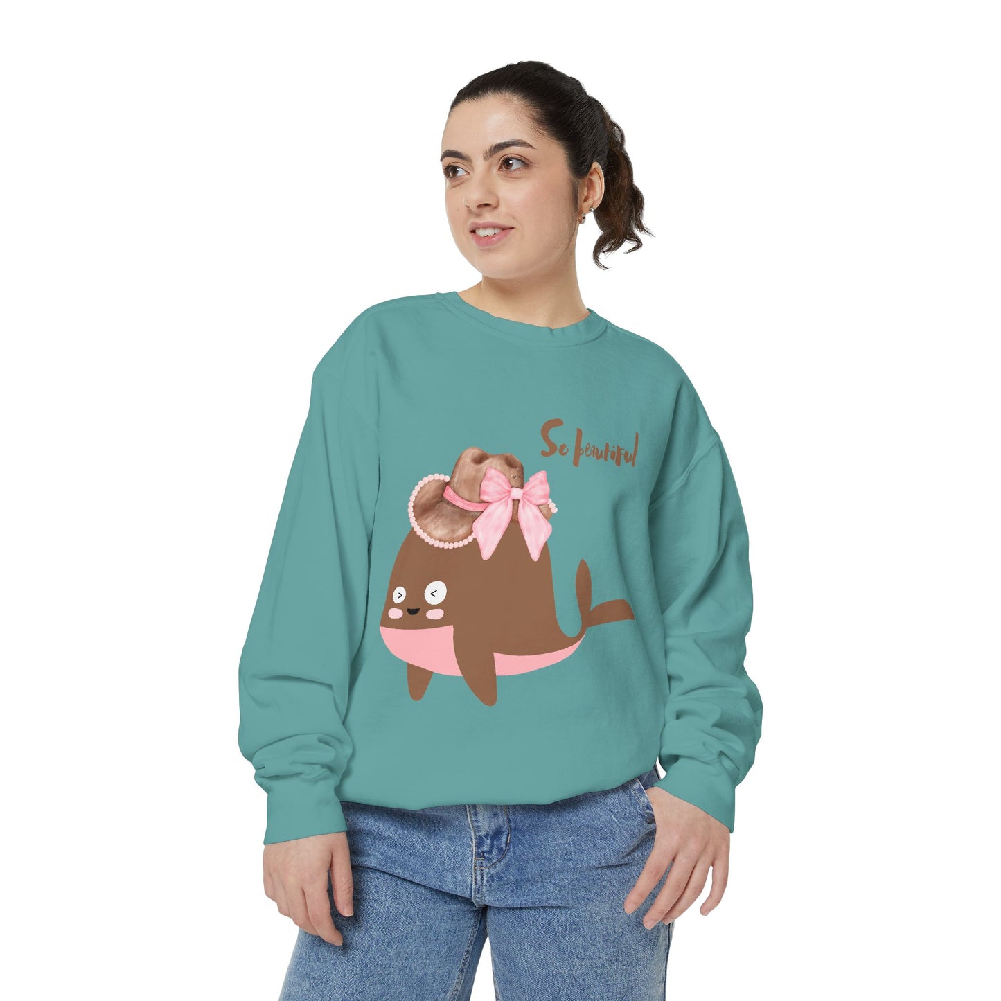 Whale wearing a cowboy hat with a pink bow Unisex Garment-Dyed Sweatshirt