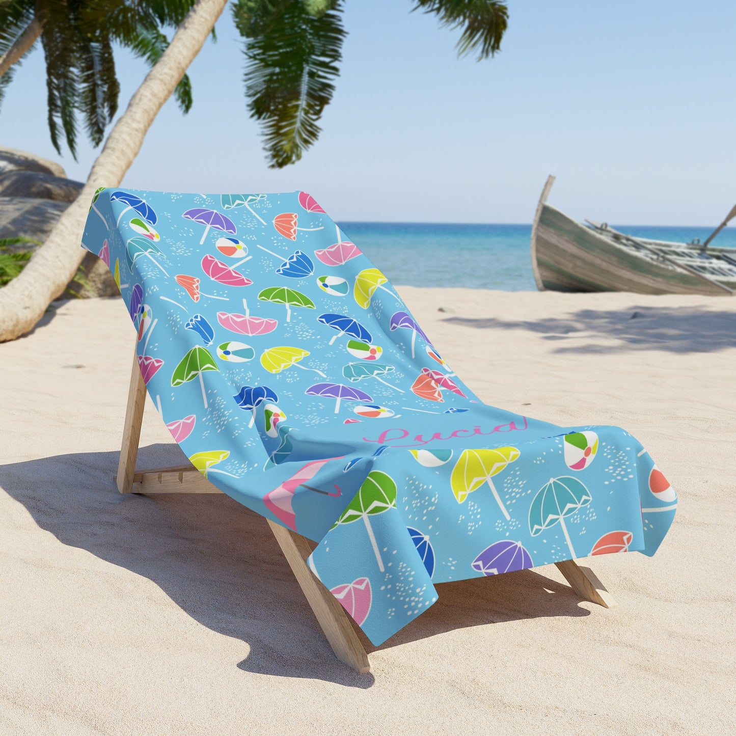 Personalized Blue Beach Towel with Colorful Umbrella & Beach Ball Pattern — Custom Name Option