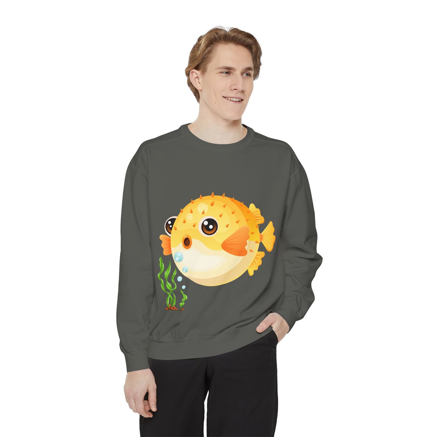 Cartoon Pufferfish with seaweed Unisex Garment-Dyed Sweatshirt