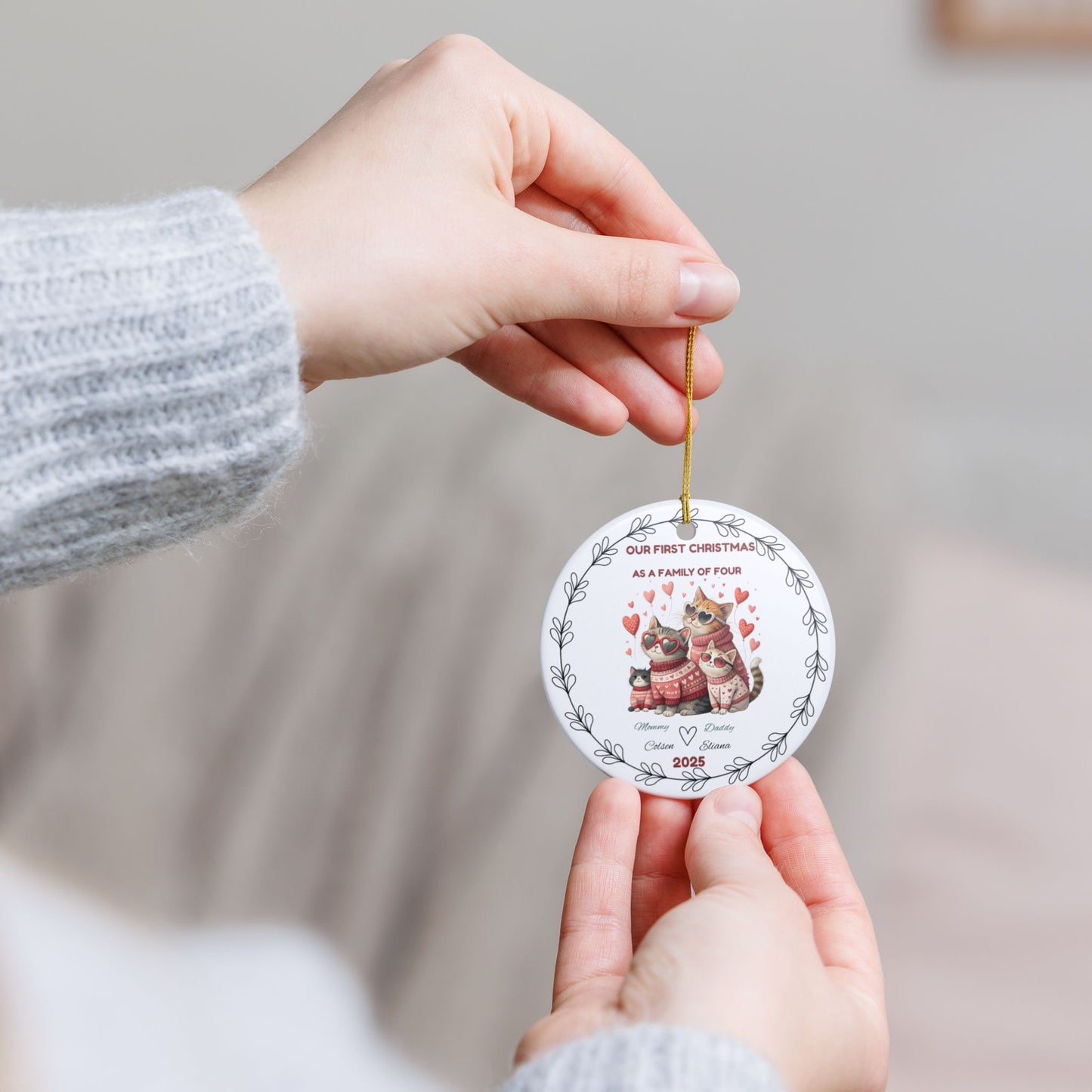 Cute Cat Family Christmas Ornament, Personalized Holiday Decoration, Family of Four Keepsake, Pet Lover Gift, Christmas Tree Decor