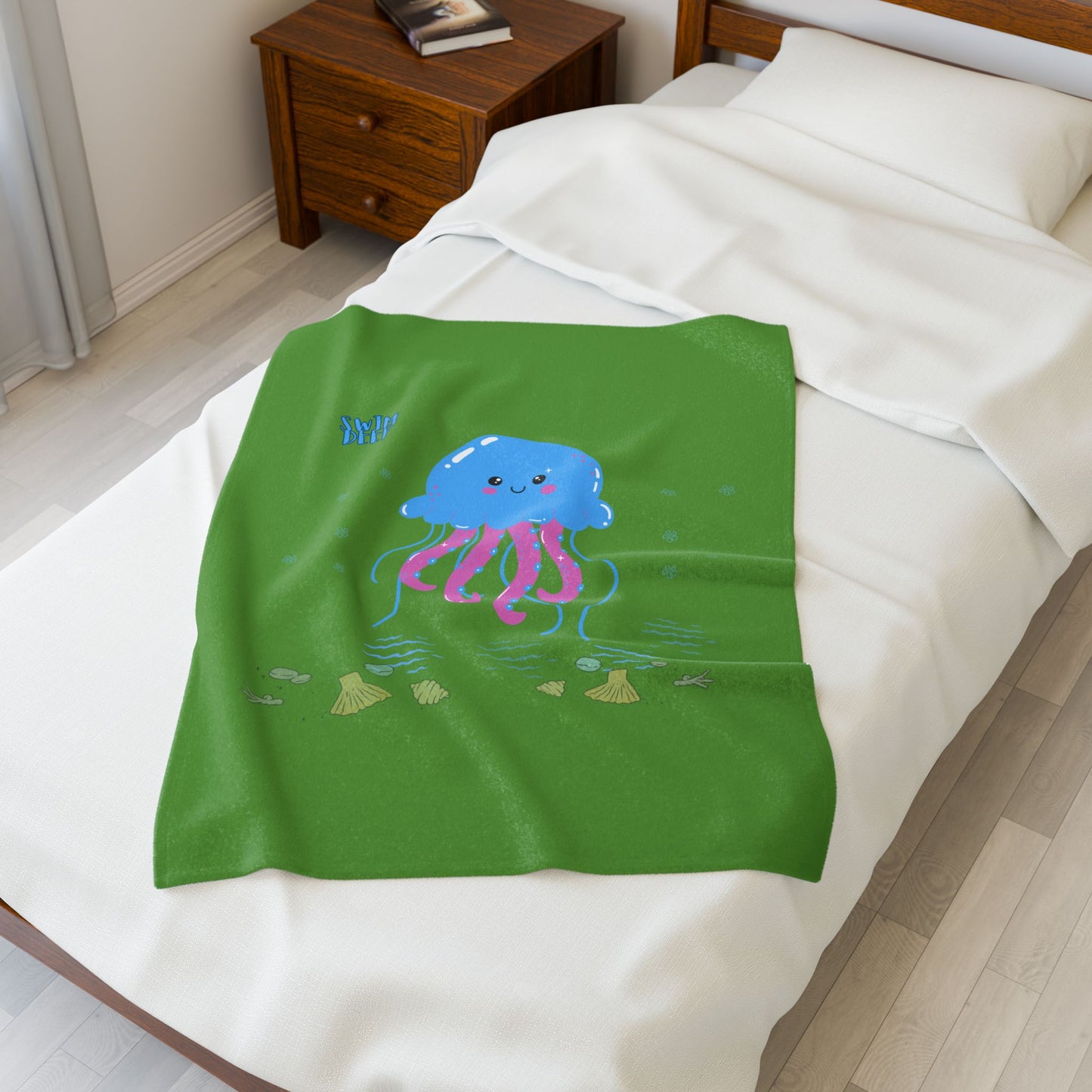 Blue jellyfish with pink tentacles Velveteen Plush Blanket