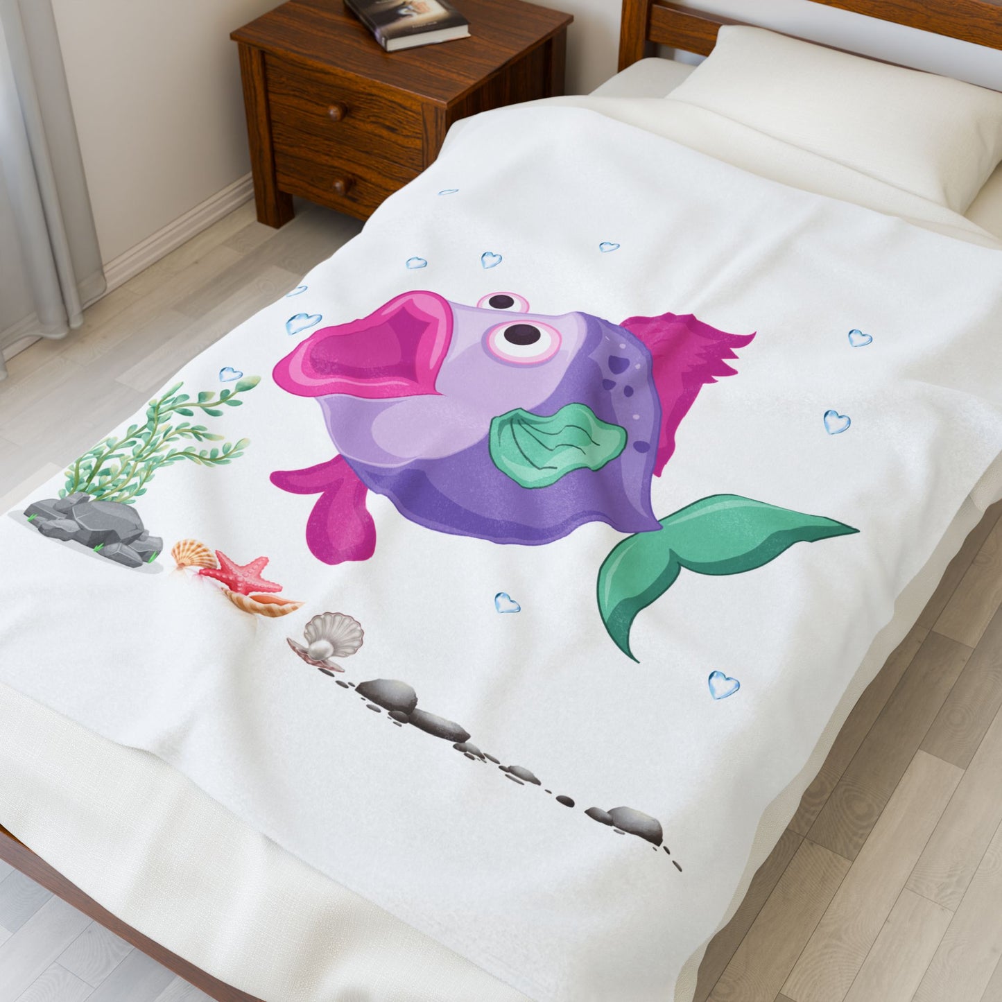 Fish with open mouth bubbles and underwater flora Velveteen Plush Blanket